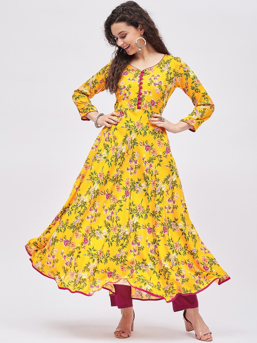 

Tissu Women Floral Printed Anarkali Kurta, Yellow