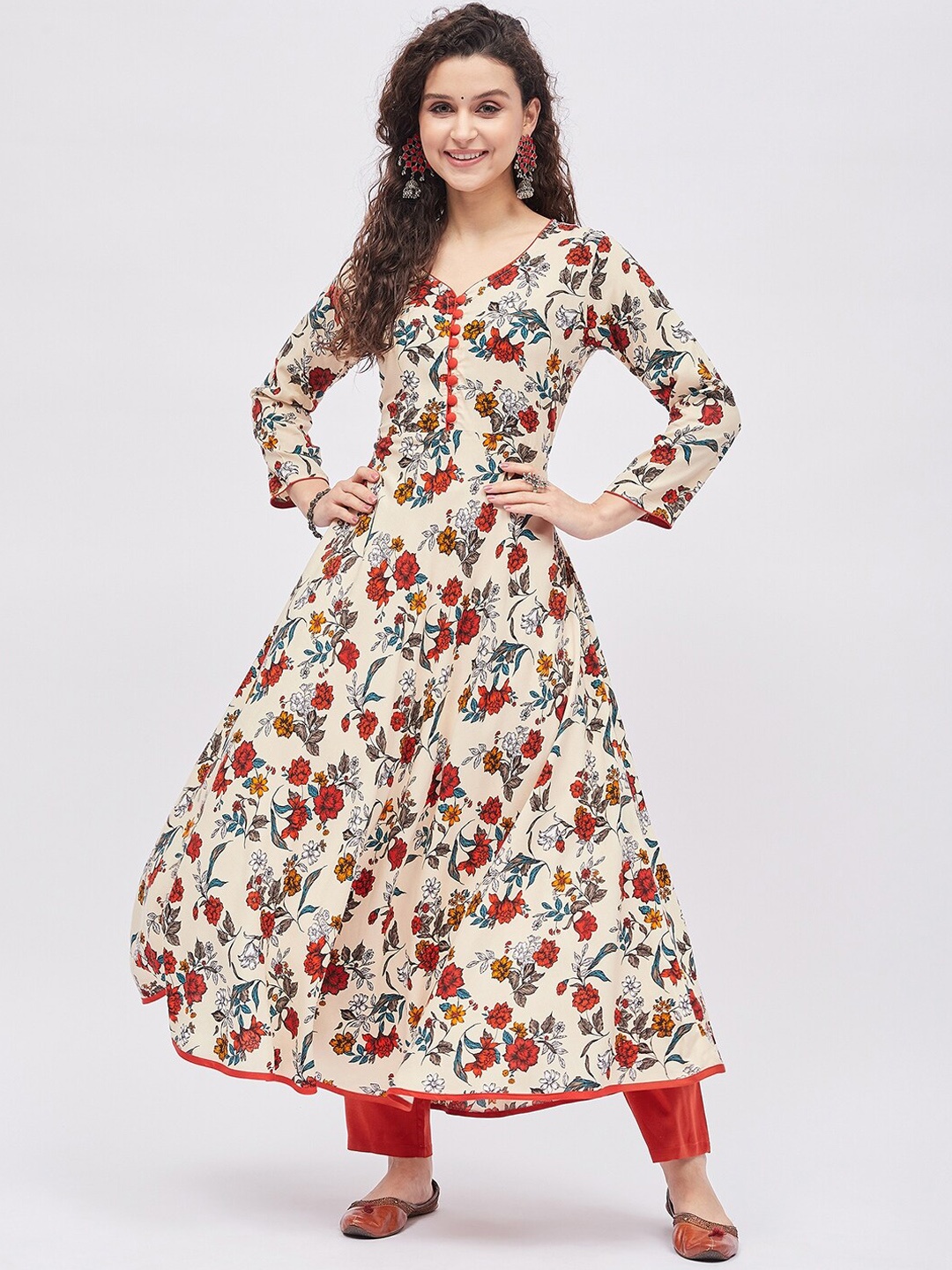 

Tissu Women Floral Printed Tie-Up Neck Anarkali Kurta, Cream