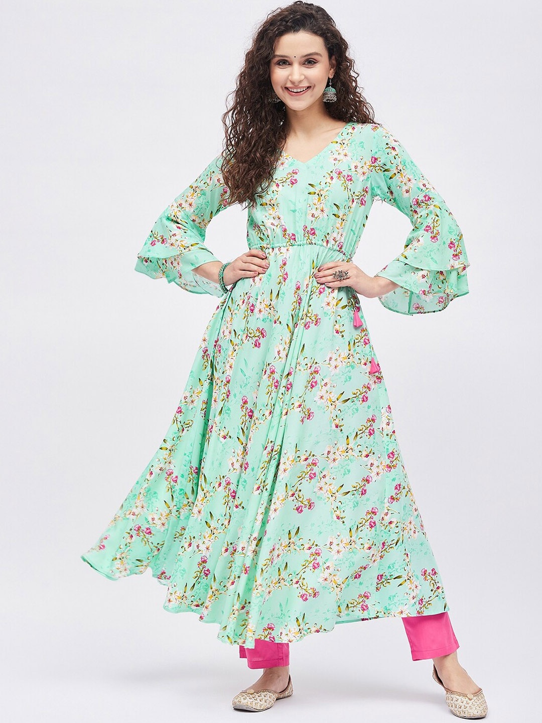 

Tissu Women Floral Printed Bell Sleeves Anarkali Kurta, Green