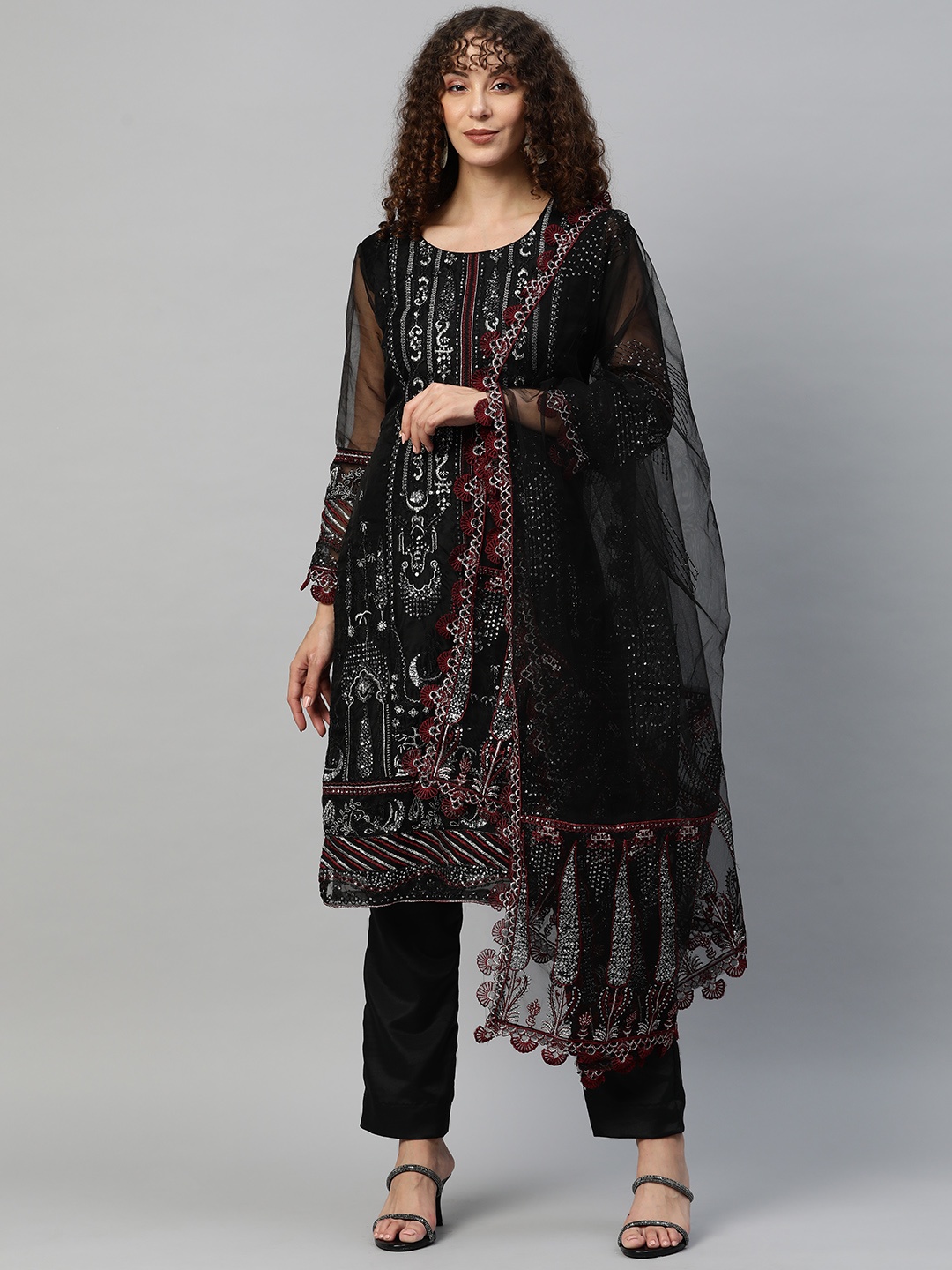 

Readiprint Fashions Embroidered Organza Semi-Stitched Dress Material, Black