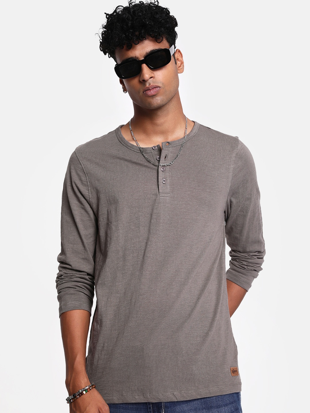 

The Roadster Lifestyle Co. Men Ash Grey Henley Neck Pure Cotton T-shirt