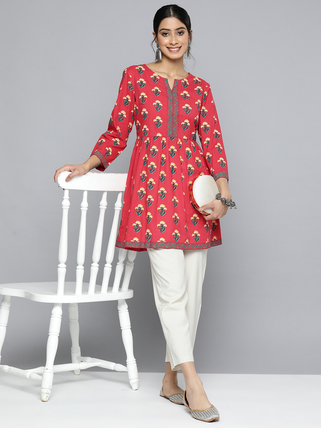 

HERE&NOW Floral Printed Pure Cotton Fit & Flare Kurti, Red