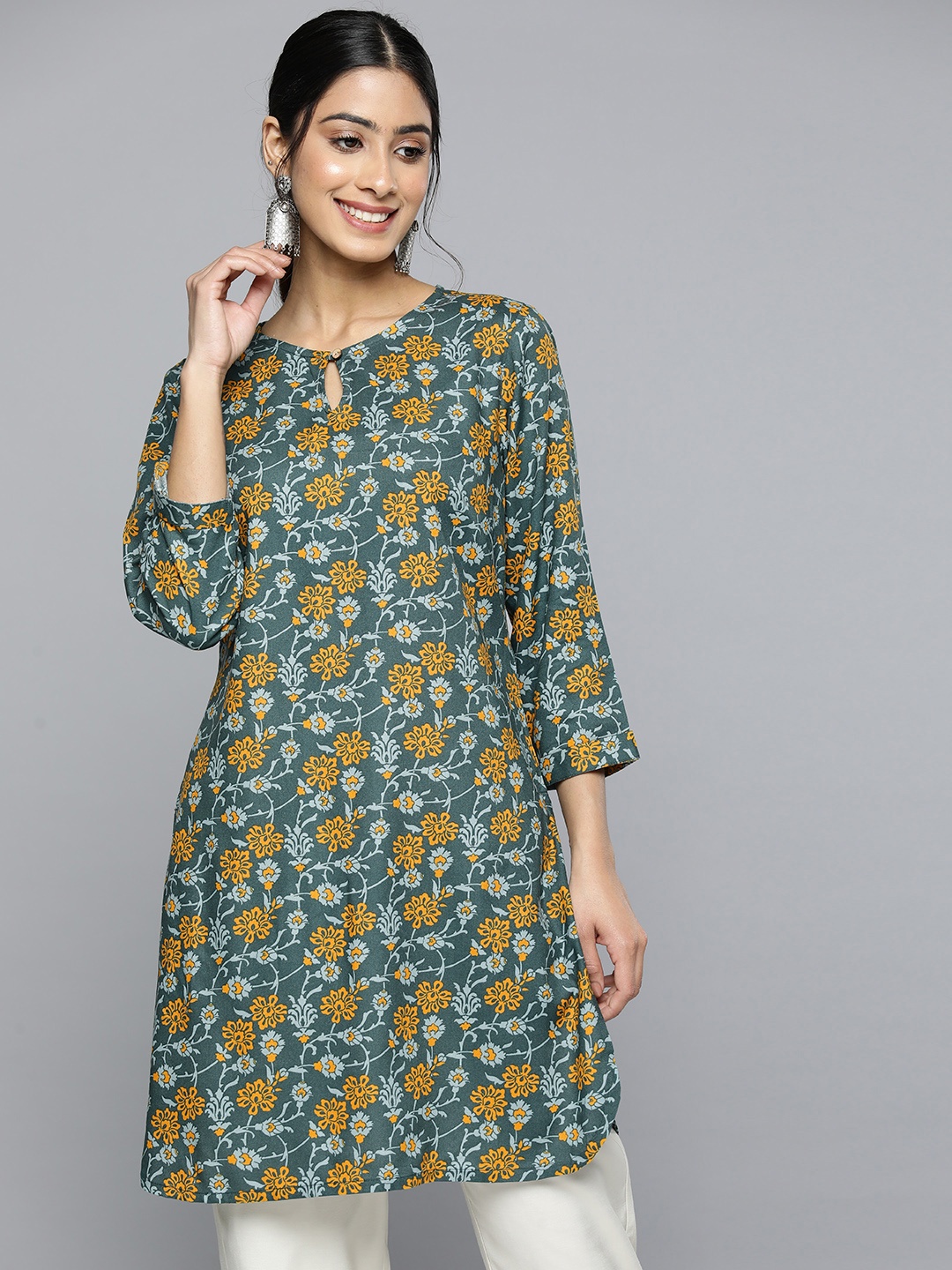 

HERE&NOW Floral Printed Keyhole Neck Fit & Flare Kurti, Teal