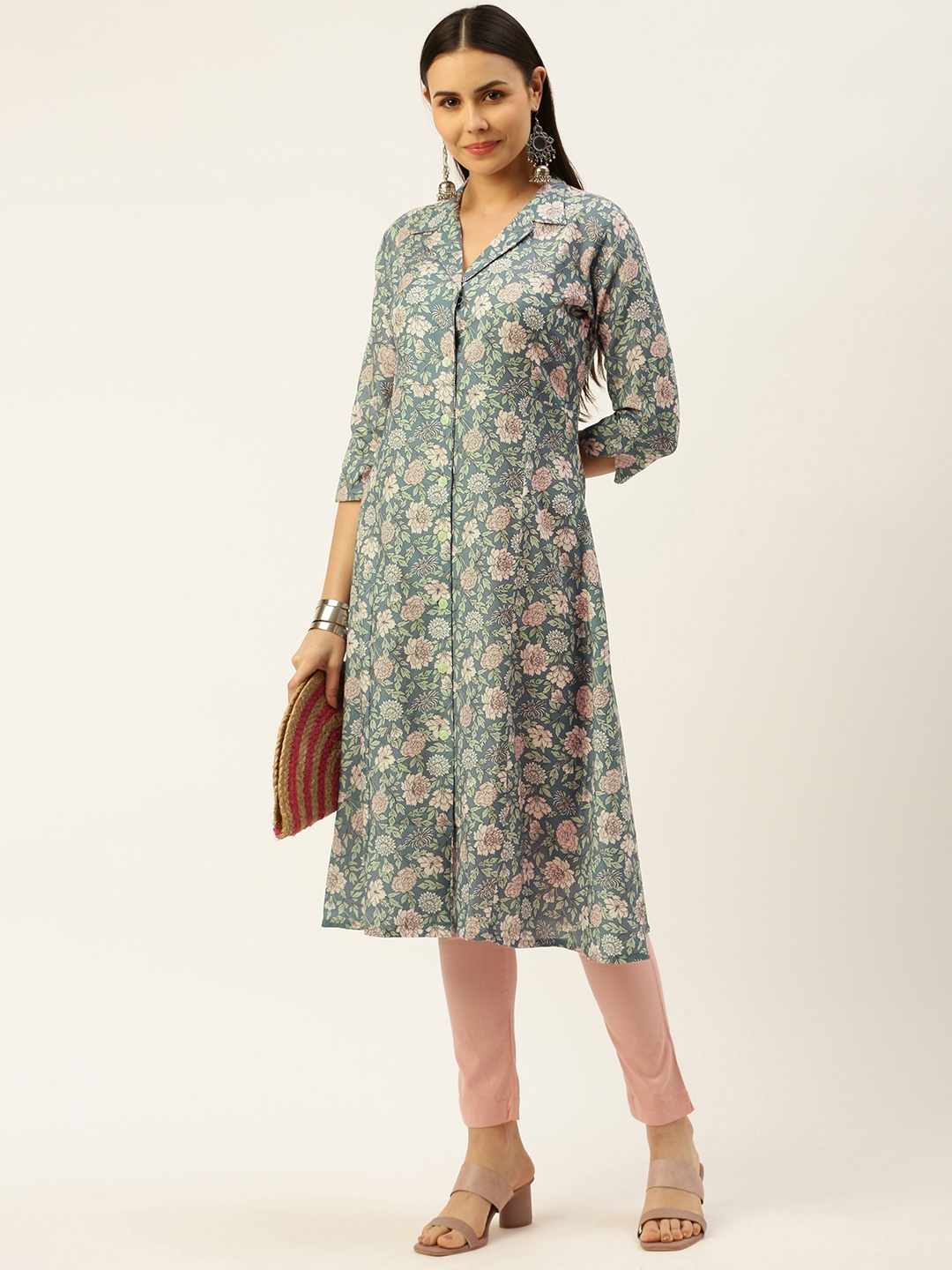 

RACHNA Women Grey & Green Floral Printed Floral Kurta