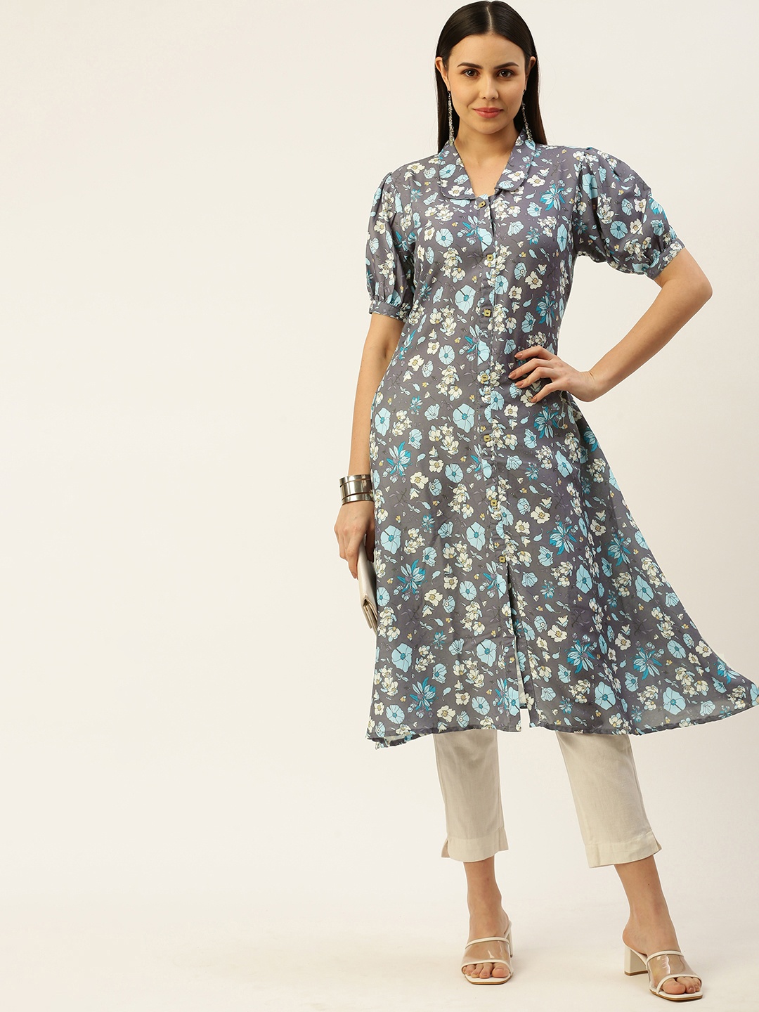 

RACHNA Floral Printed Puff Sleeves Cotton Silk Kurta, Grey