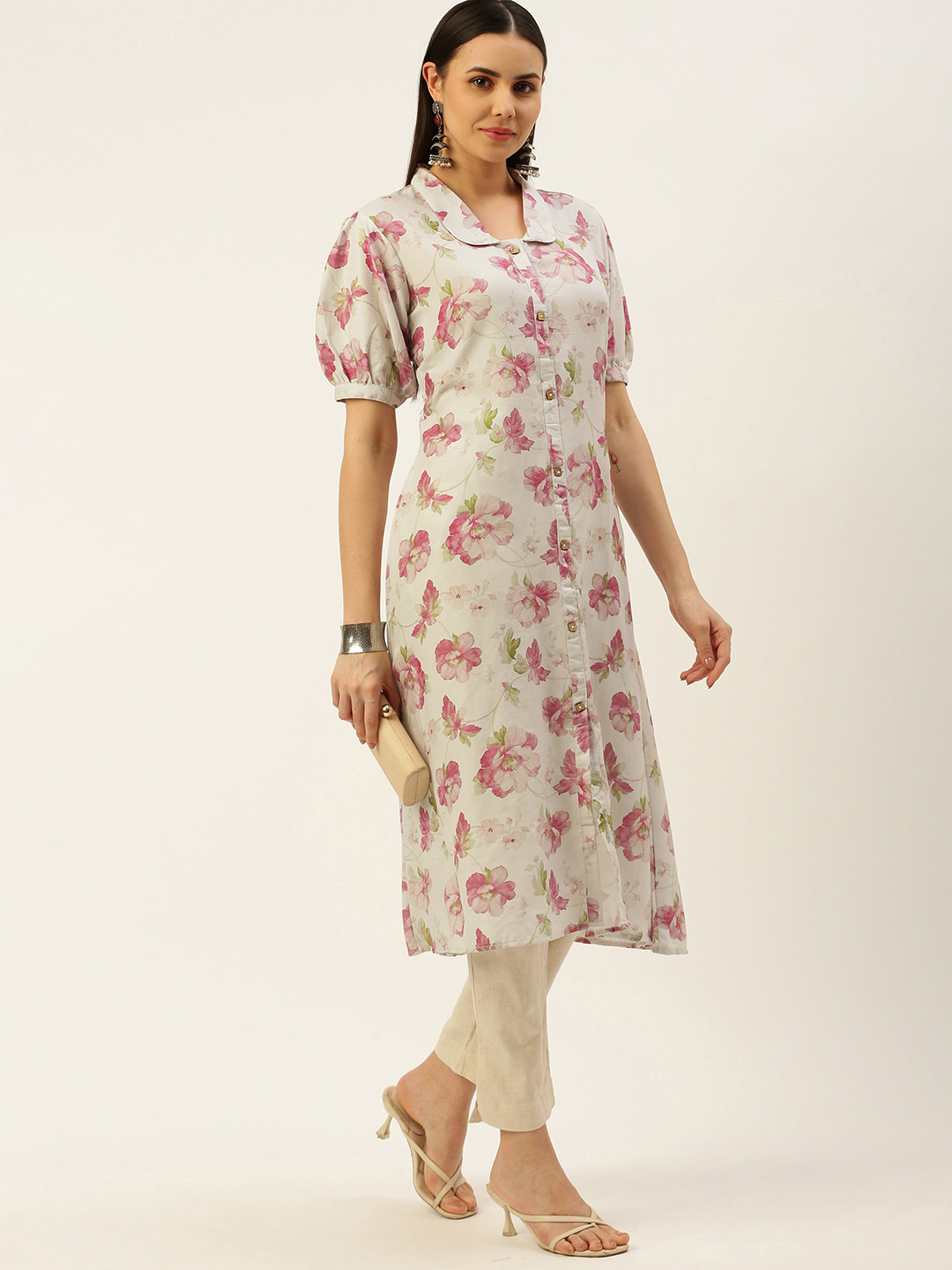 

RACHNA Floral Printed Puff Sleeves Cotton Silk Kurta, White