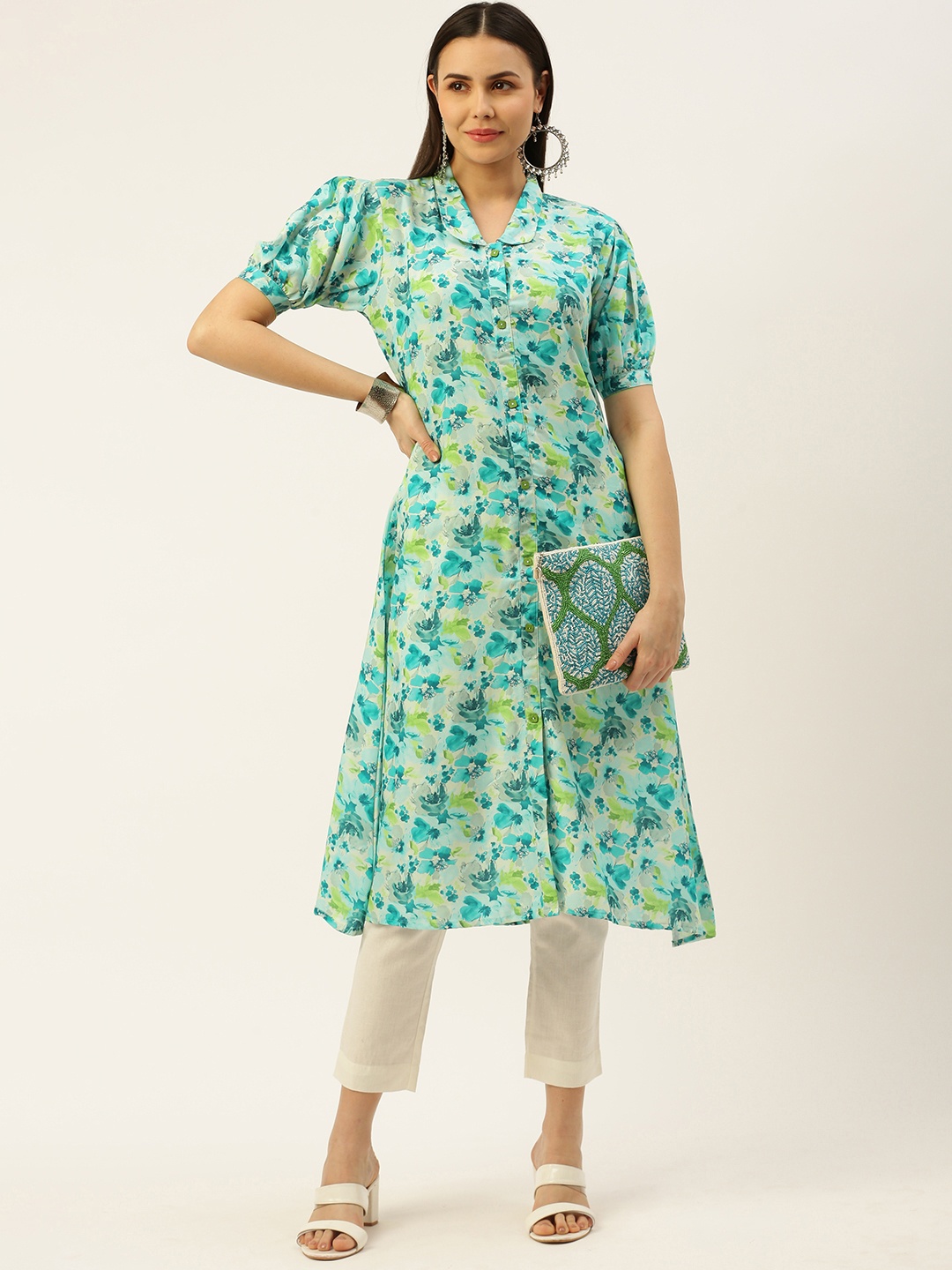 

RACHNA Floral Printed Puff Sleeves Cotton Silk Kurta, Turquoise blue