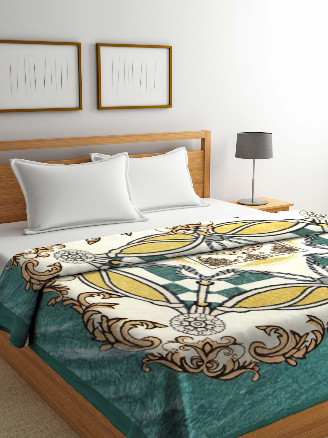 

KLOTTHE Cream & Green Ethnic Motifs Heavy Winter 1000 GSM Woolen Double King Blanket