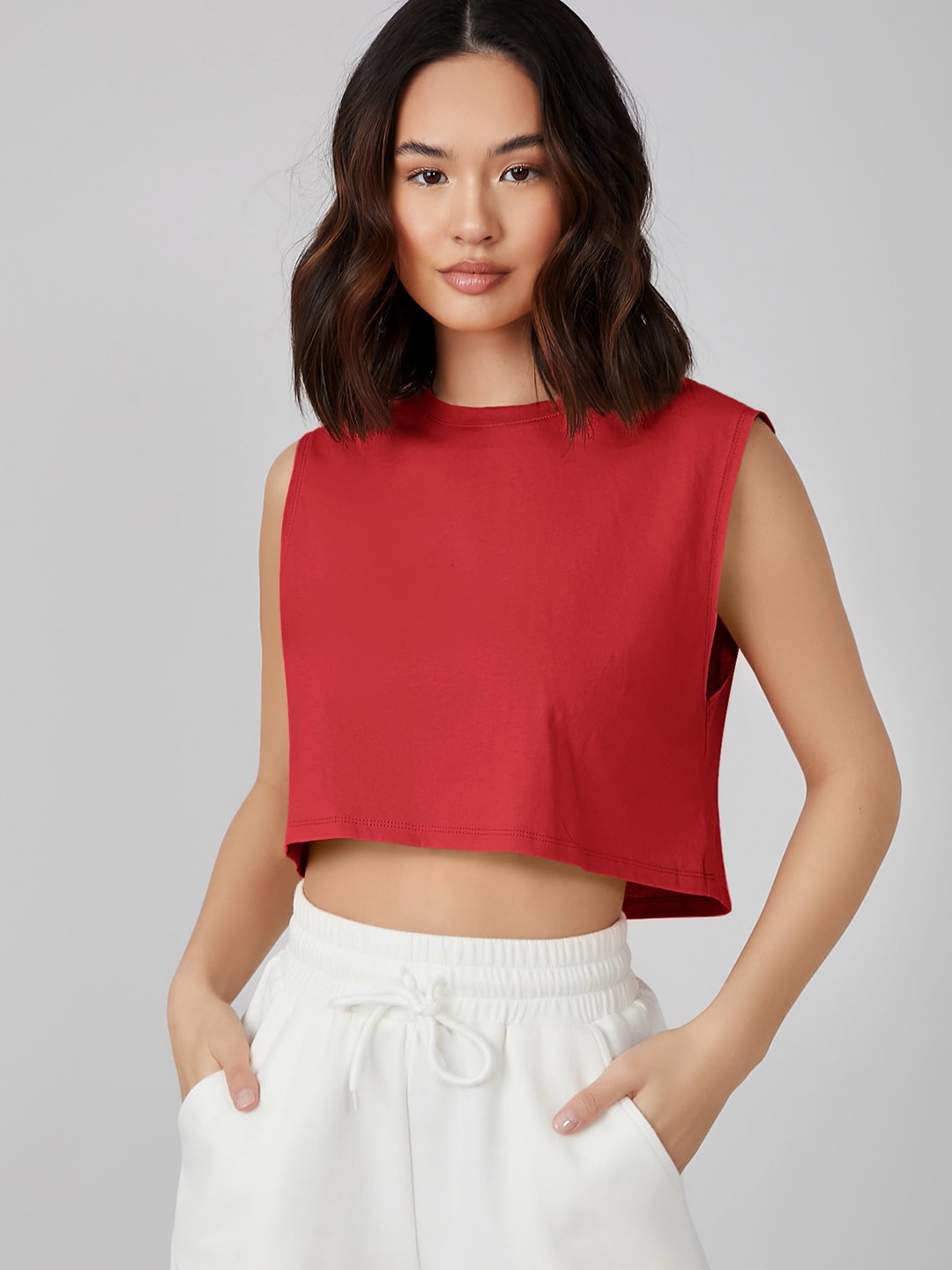

AAHWAN Sleeveless Boxy Fit Crop Top, Red