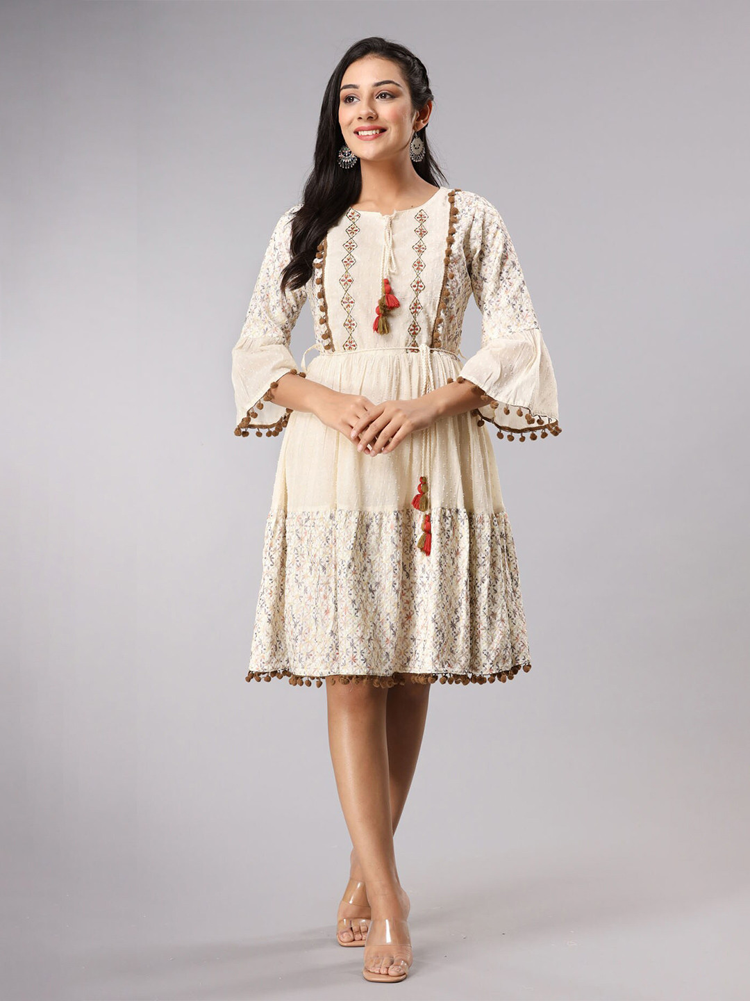 

FASHION DWAR Floral Embroidered Tie-Up Neck Cotton Dress, Cream