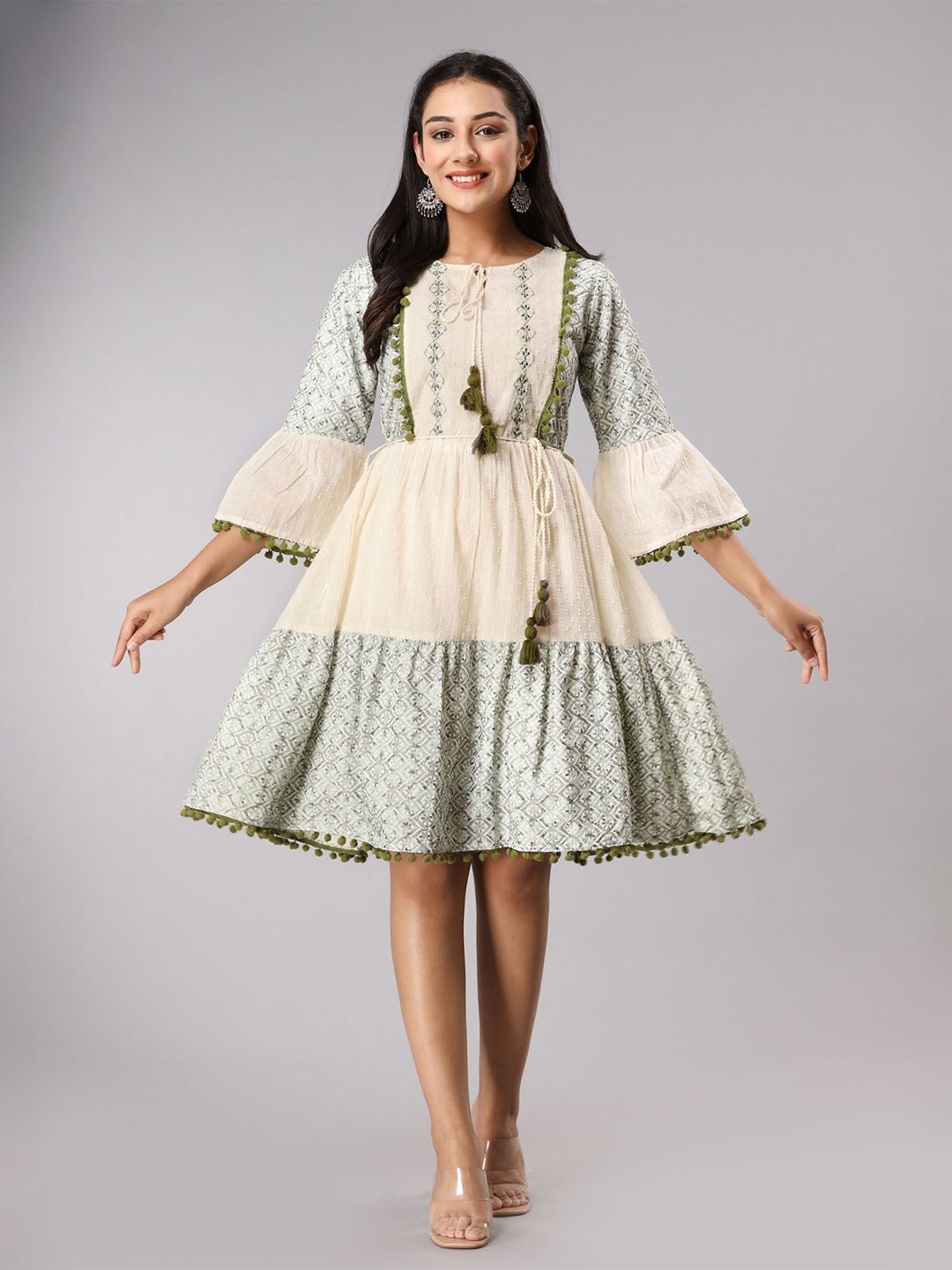 

FASHION DWAR Tie-Up Neck Floral Pure Cotton Dress, Green