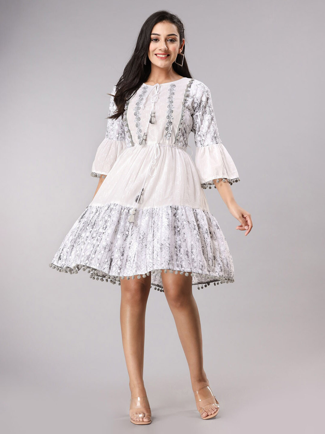 

FASHION DWAR Floral Embroidered Tie-Up Neck Bell Sleeves Cotton Dress With Pom-Pom, Black