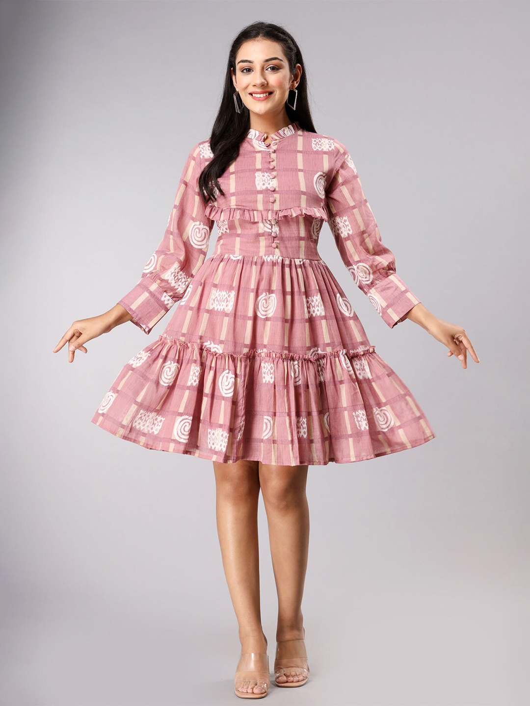 

FASHION DWAR Checked Mandarin Collar Pure Cotton Dress, Pink