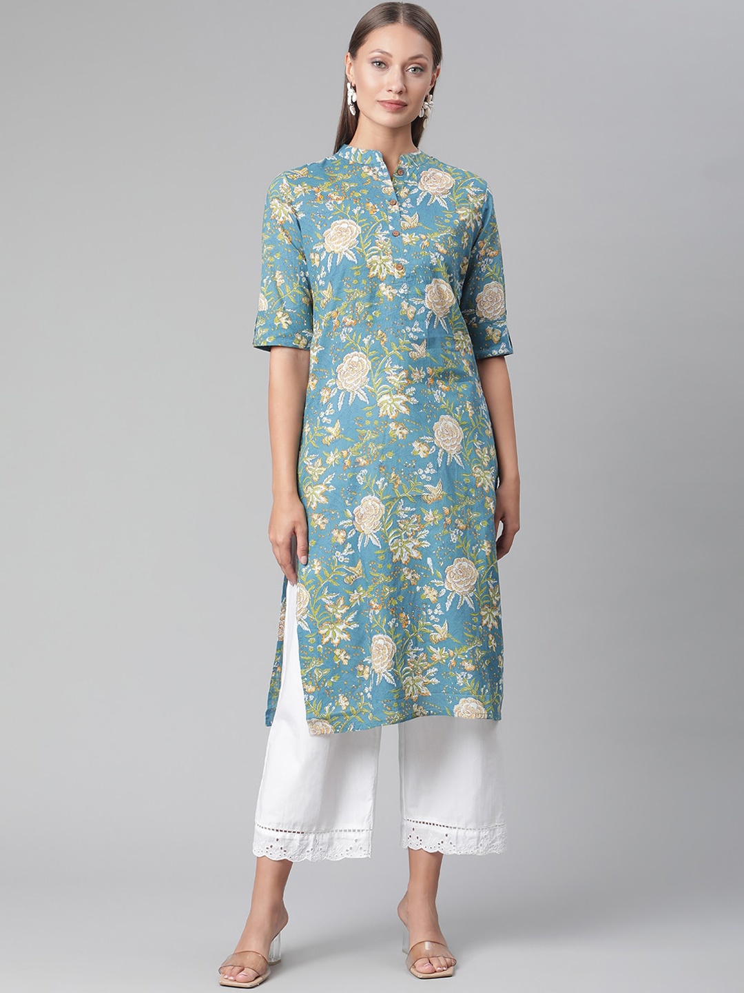 

Divena Women Floral Printed Cotton Kurta, Teal