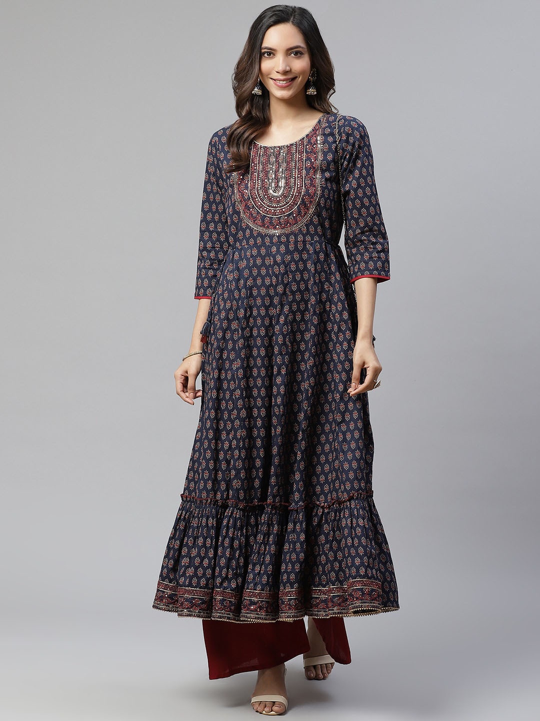 

Divena Women Plus Size Ethnic Motifs Printed Thread Work Anarkali Cotton Kurta, Blue