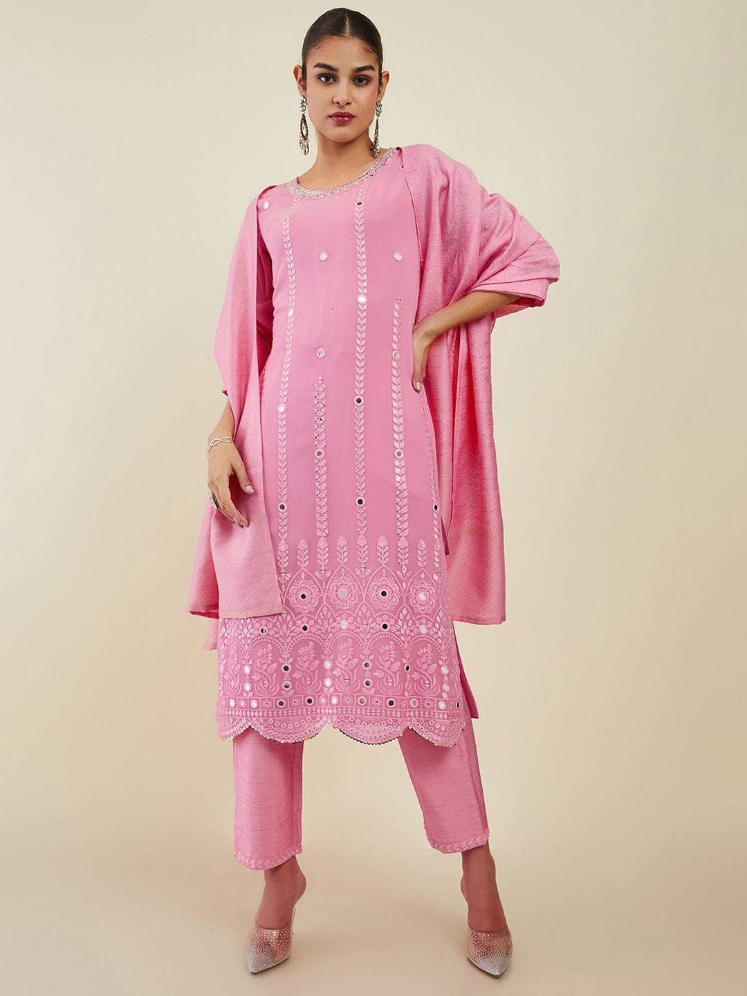 

Soch Women Embroidered Mirror Work Kurta With Trousers & Dupatta, Pink