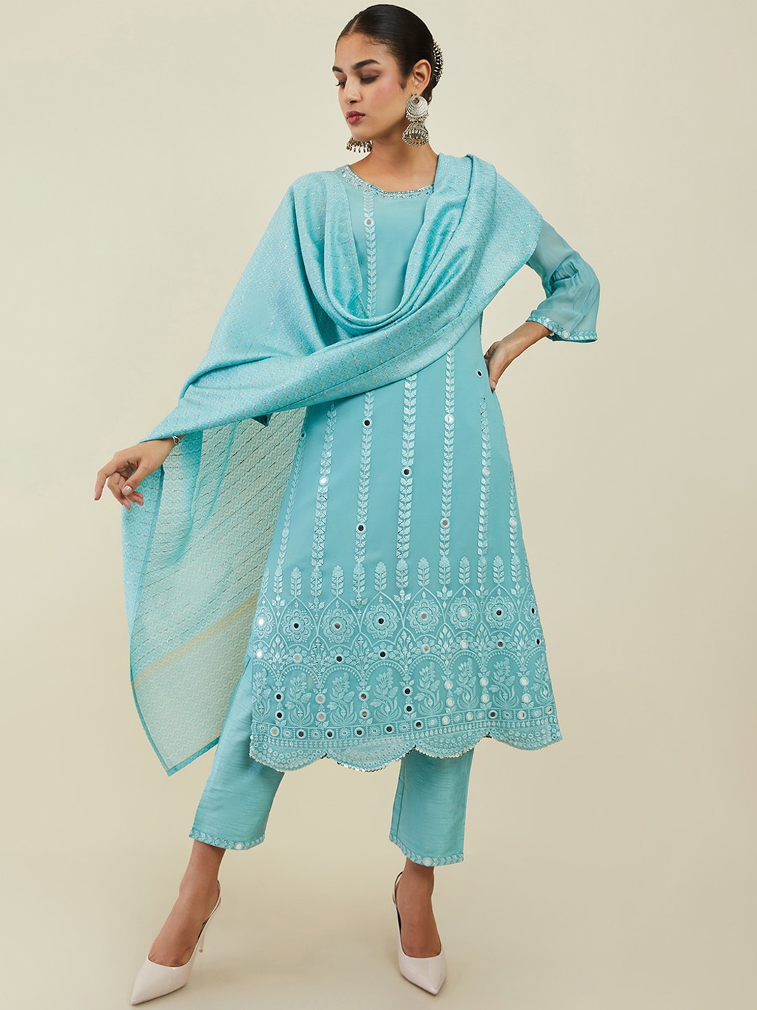 

Soch Women Embroidered Mirror Work Kurta With Trousers & Dupatta, Blue