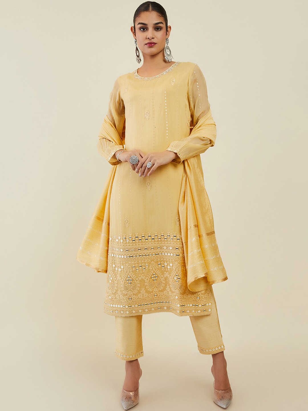 

Soch Women Ethnic Motifs Embroidered Mirror Work Kurta With Trousers & Dupatta, Yellow