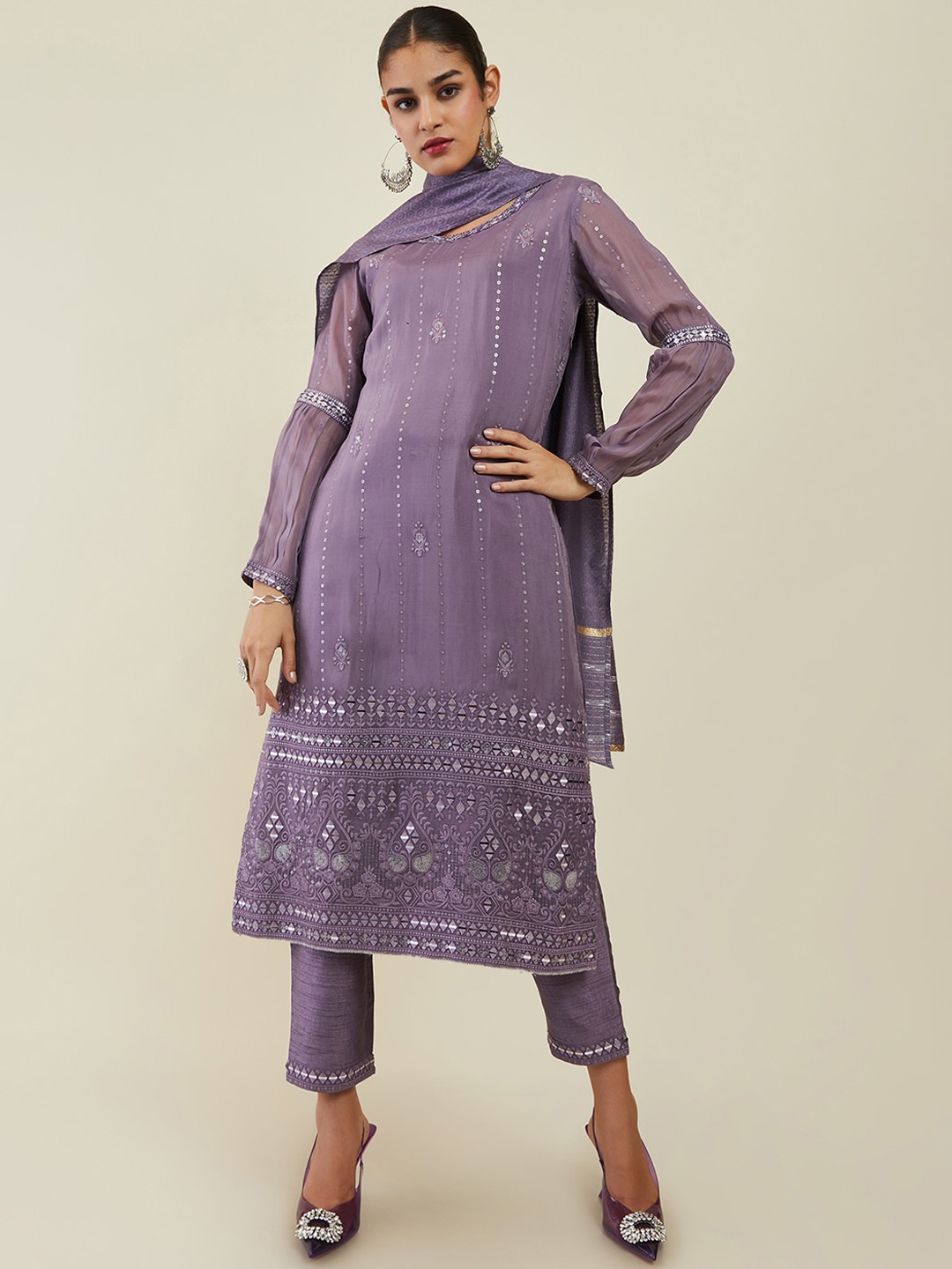 

Soch Women Floral Embroidered Mirror Work Kurta with Trousers & Dupatta, Purple