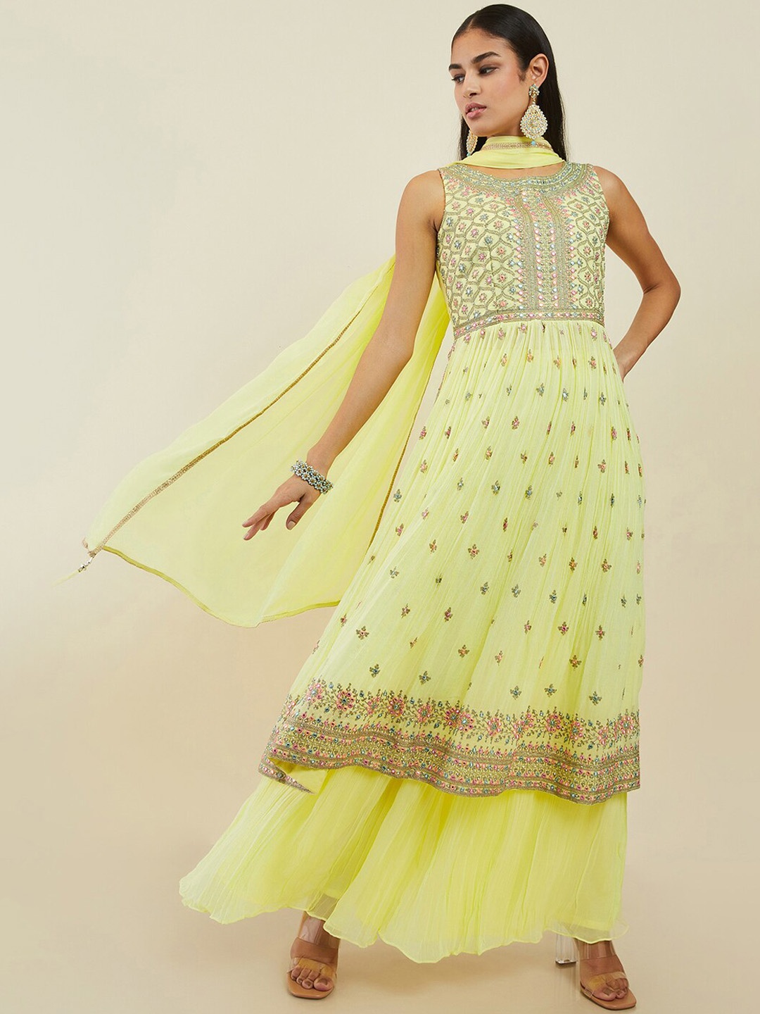

Soch Women Floral Embroidered Mirror Work Kurta with Palazzos & Dupatta, Yellow