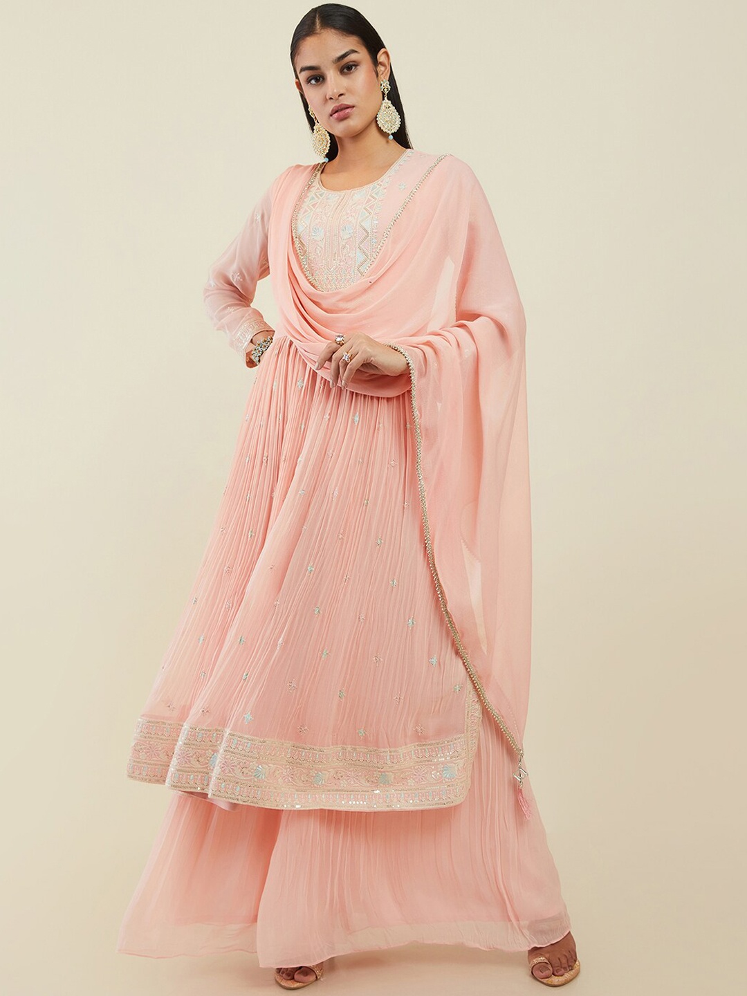

Soch Women Embroidered Layered Sequinned Kurta with Palazzos & Dupatta, Peach