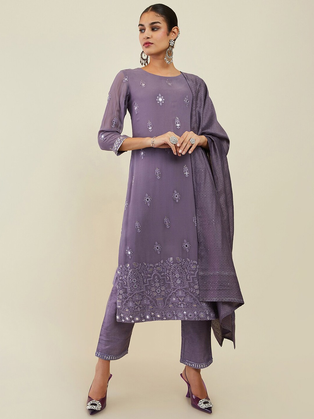 

Soch Ethnic Motifs Embroidered Mirror Work Kurta with Trousers & Dupatta, Purple