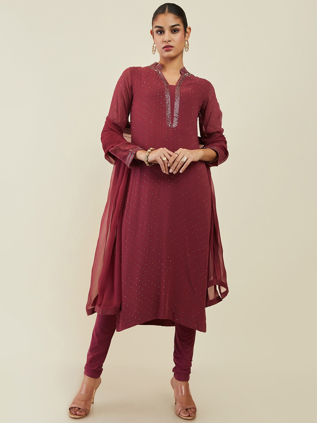 

Soch Mirror Work Kurta with Churidar & Dupatta, Maroon