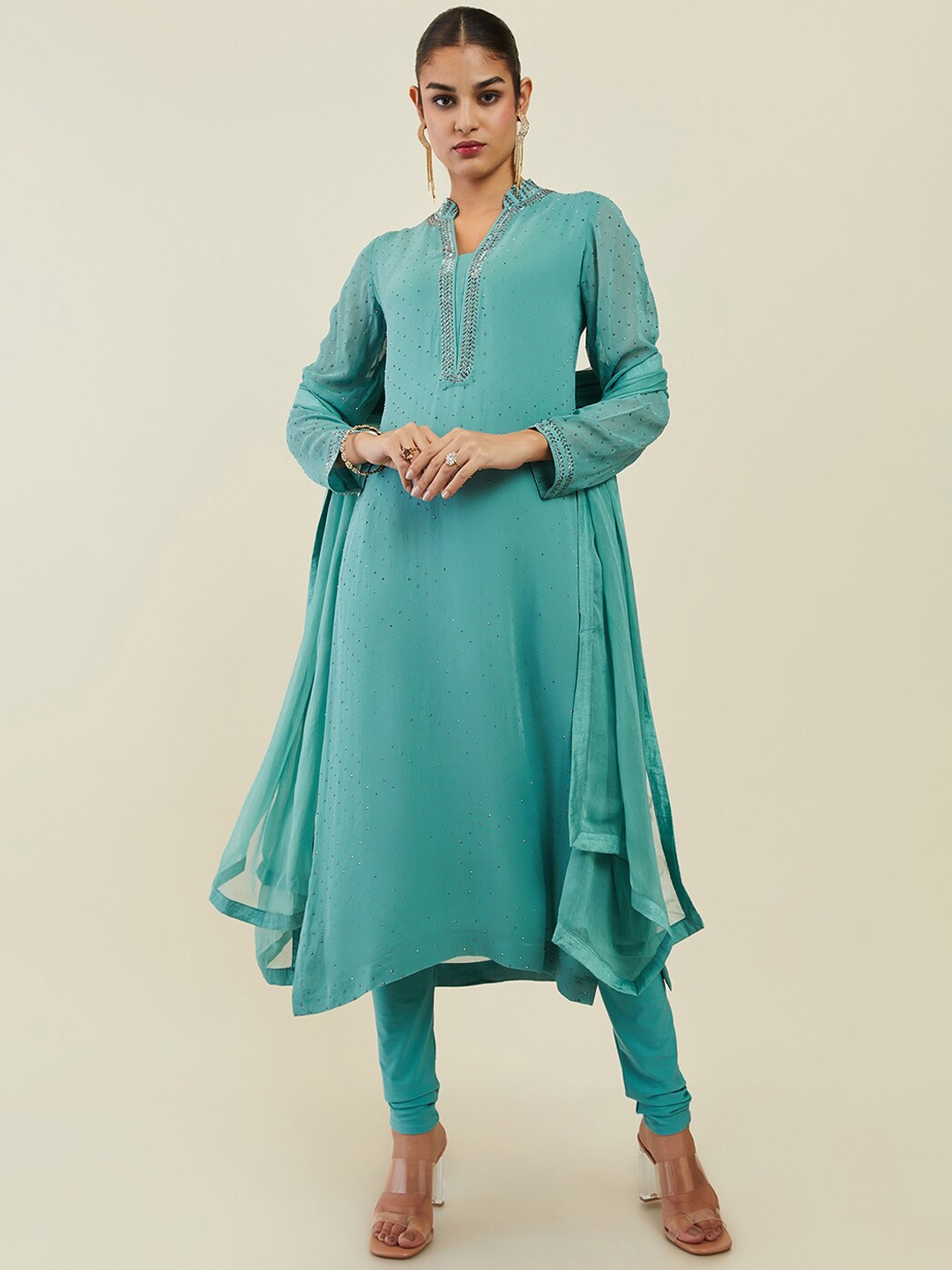 

Soch Women Turquoise Ethnic Motifs Beads and Stones Kurta With Dupatta, Turquoise blue