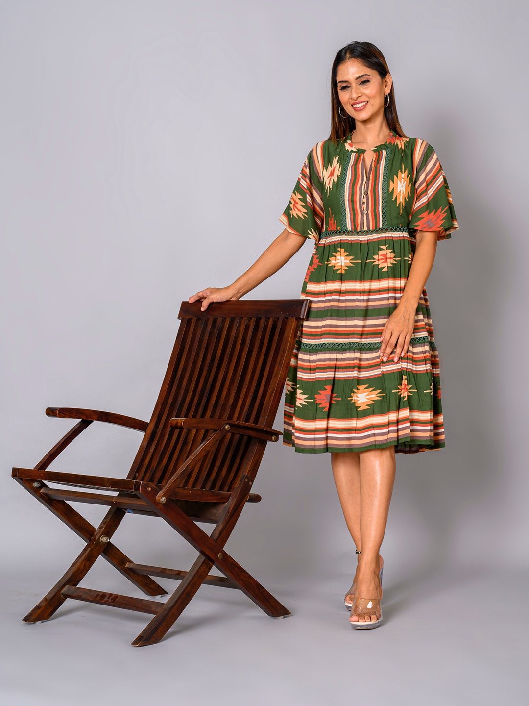 

WESTIFIED Ethnic Motifs Print Flared Sleeves A-Line Dress, Green