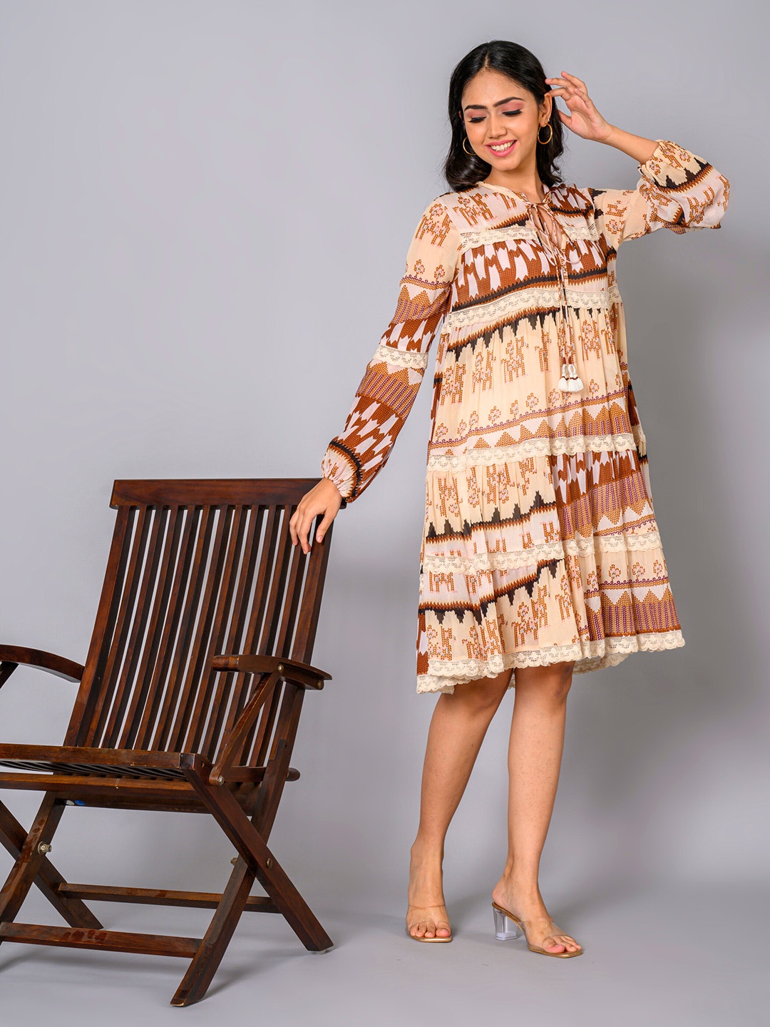 

WESTIFIED Ethnic Motifs Print Tie-Up Neck A-Line Dress, Beige