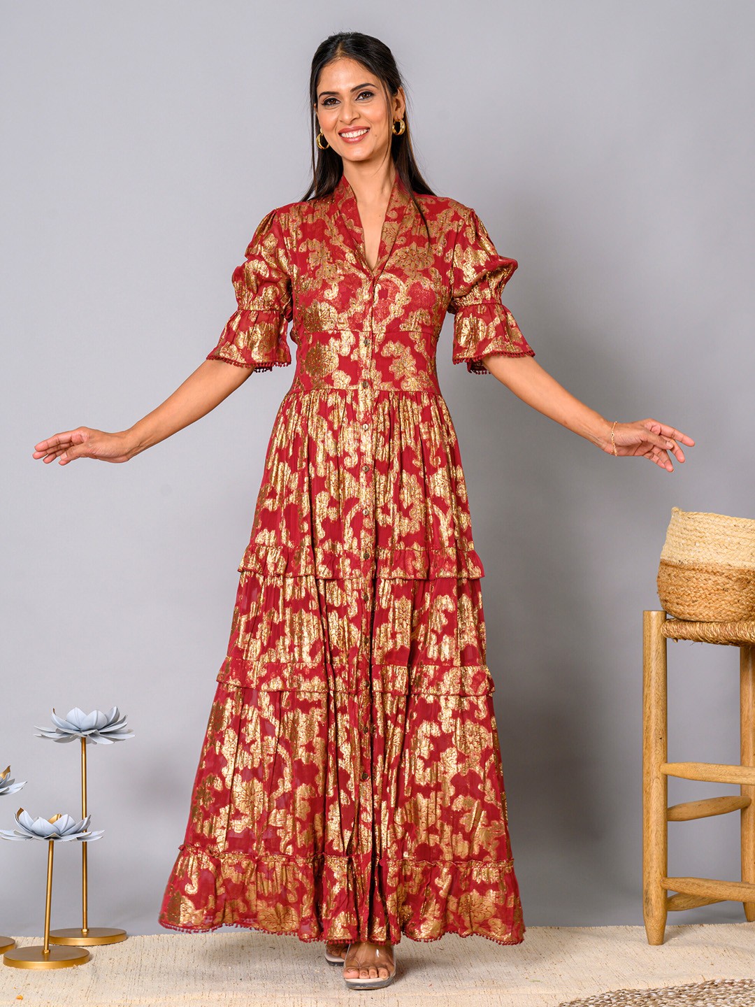 

WESTIFIED Floral Self Design V Neck Maxi Dress, Maroon
