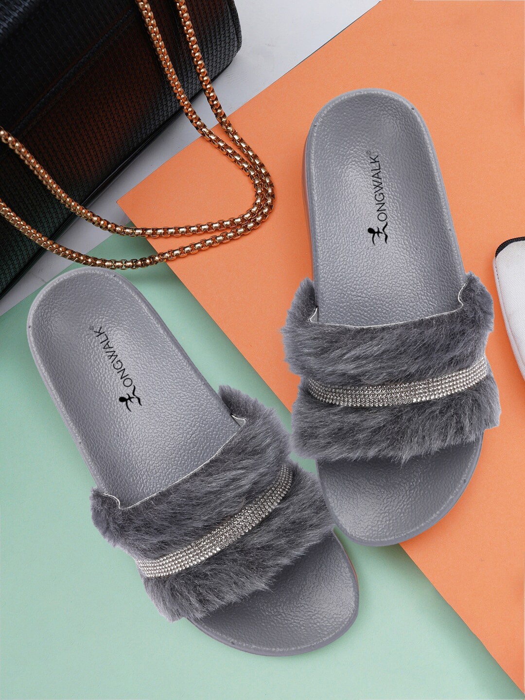 

Longwalk Embellished Fur Flatform Heels, Grey