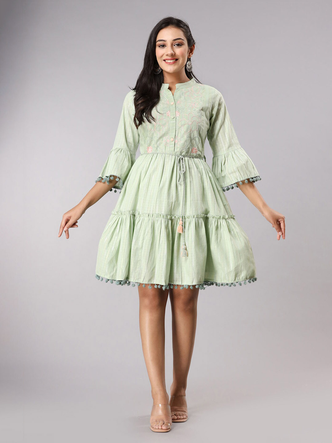 

FASHION DWAR Floral Embroidreed Fit And Flare Dress, Green