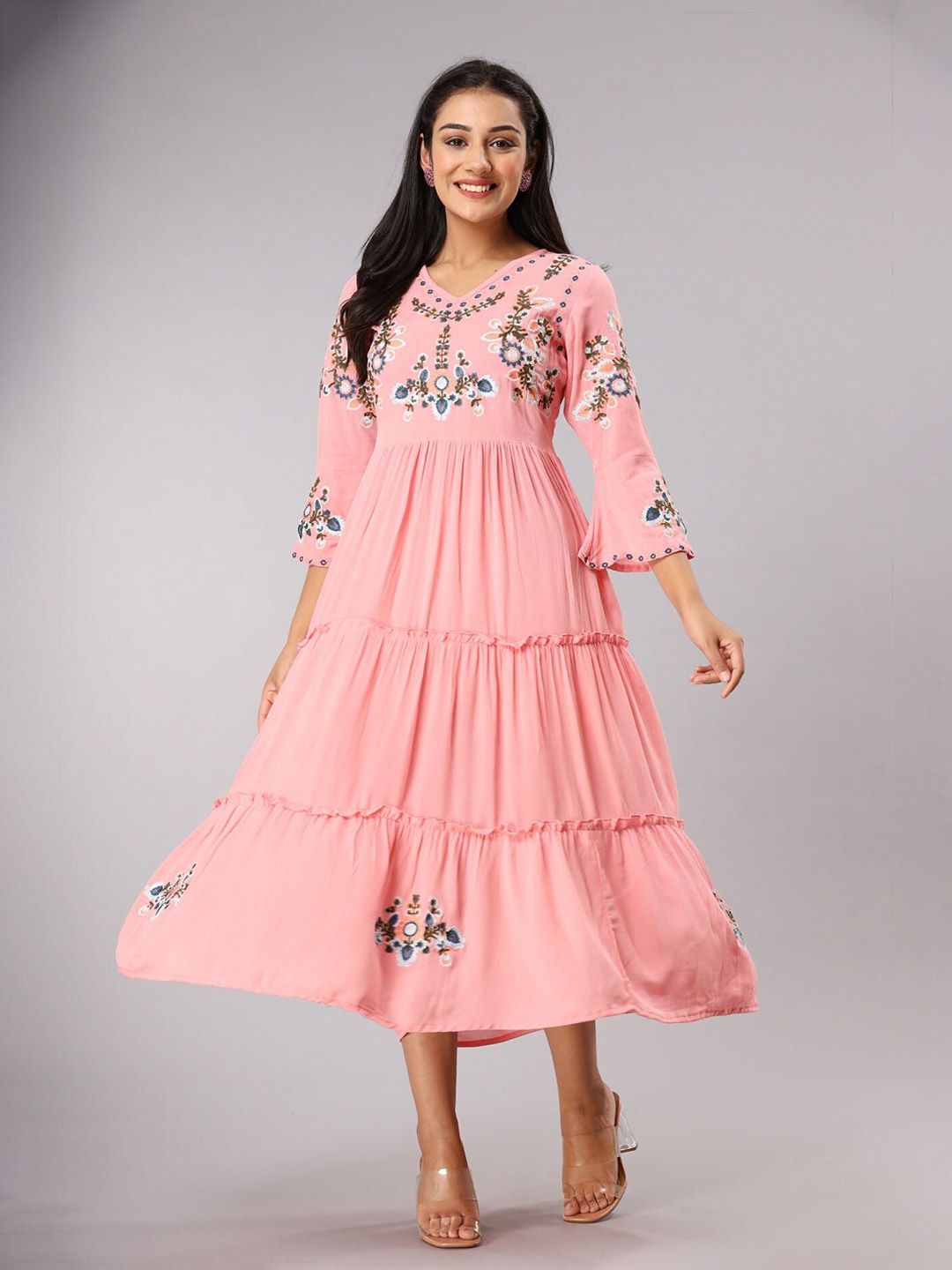 

FASHION DWAR Floral Embroidered Tiered Empire Midi Dress, Pink