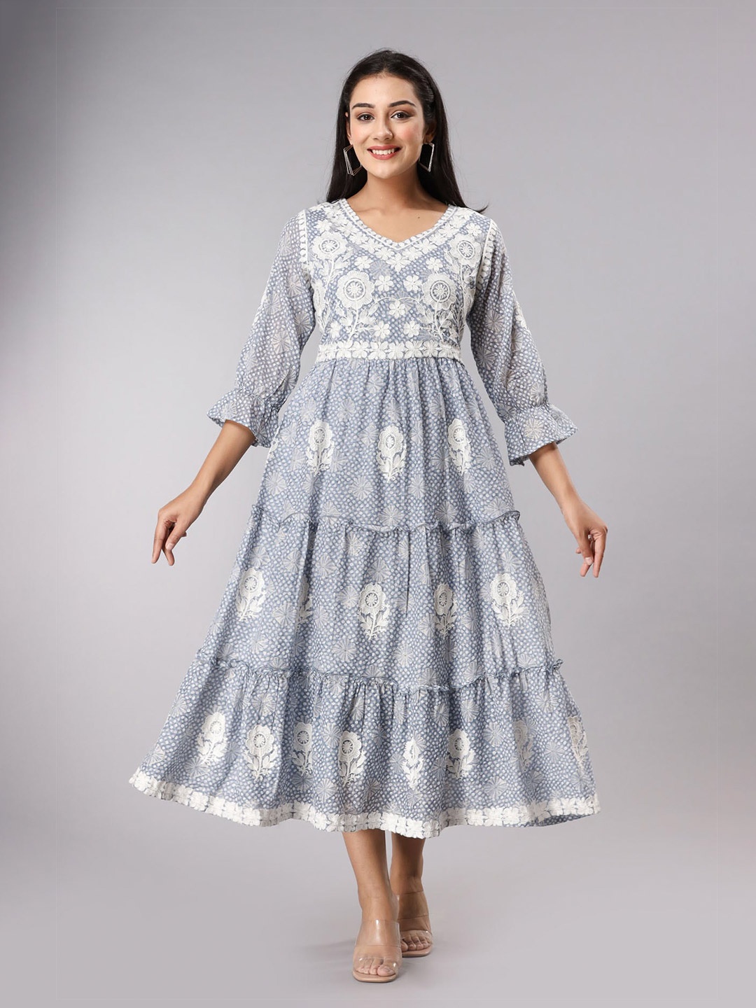 

FASHION DWAR Ethnic Motifs Embroidered Tiered Empire Midi Dress, Blue