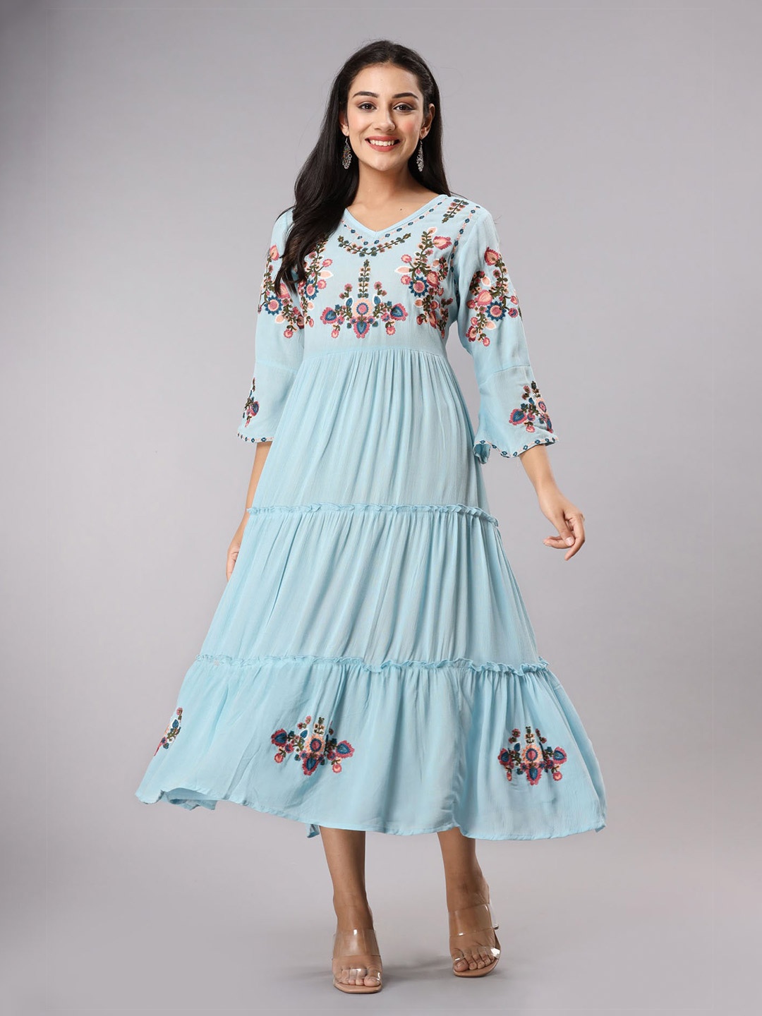 

FASHION DWAR Floral Embroidrered Empire Pure Cotton Dress, Blue