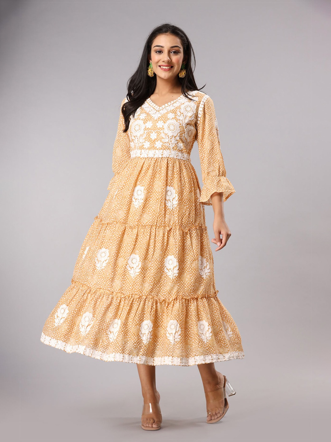 

FASHION DWAR Ethnic Motifs Embroidered Tiered Empire Midi Dress, Yellow