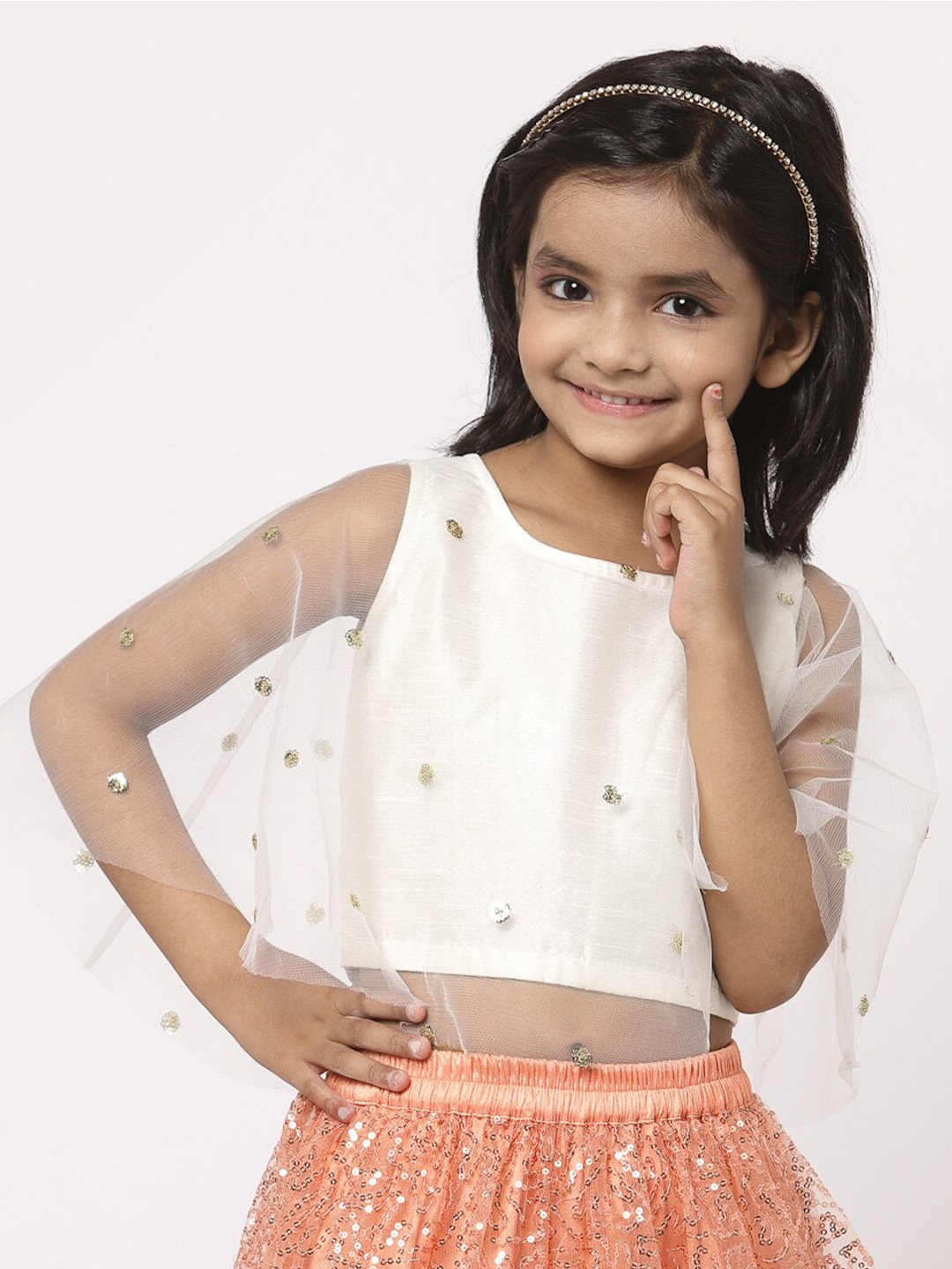 

studio rasa Self Design Sequined Net Crop Top, White