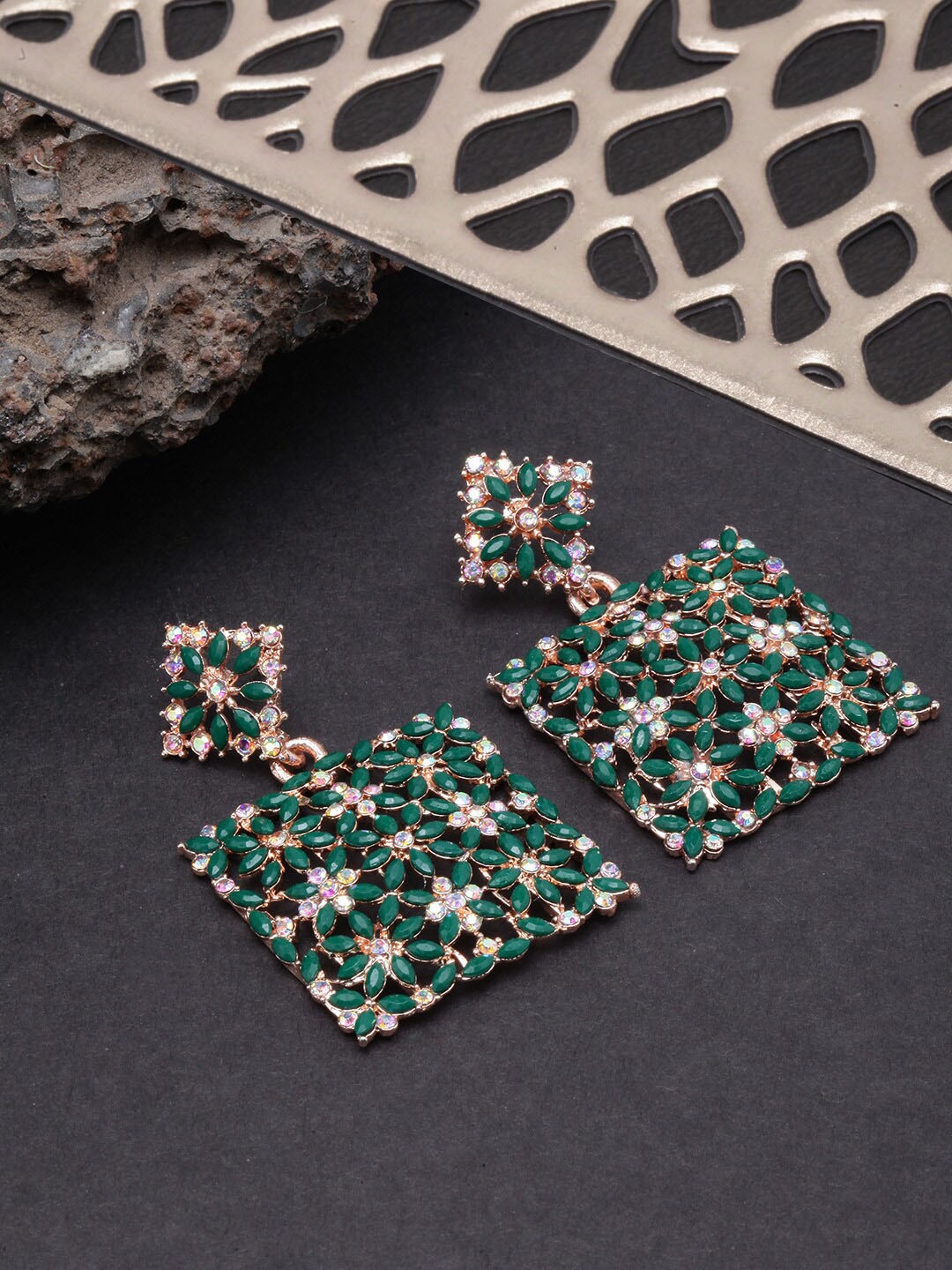 

Anouk Women Rose Gold-Plated Square Drop Earrings, Green