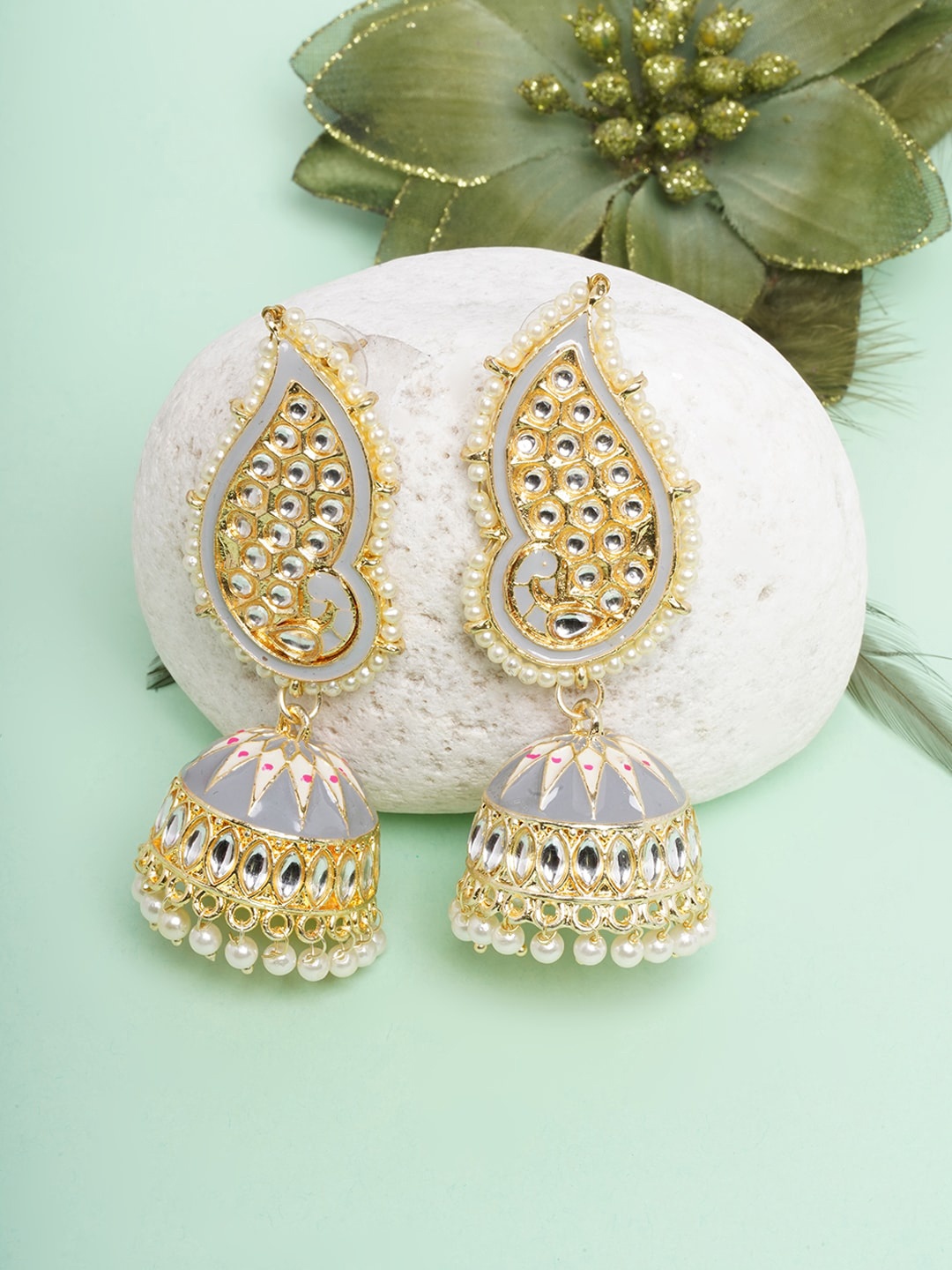 

Anouk Gold-Plated Peacock Shaped Jhumkas Earrings, Grey