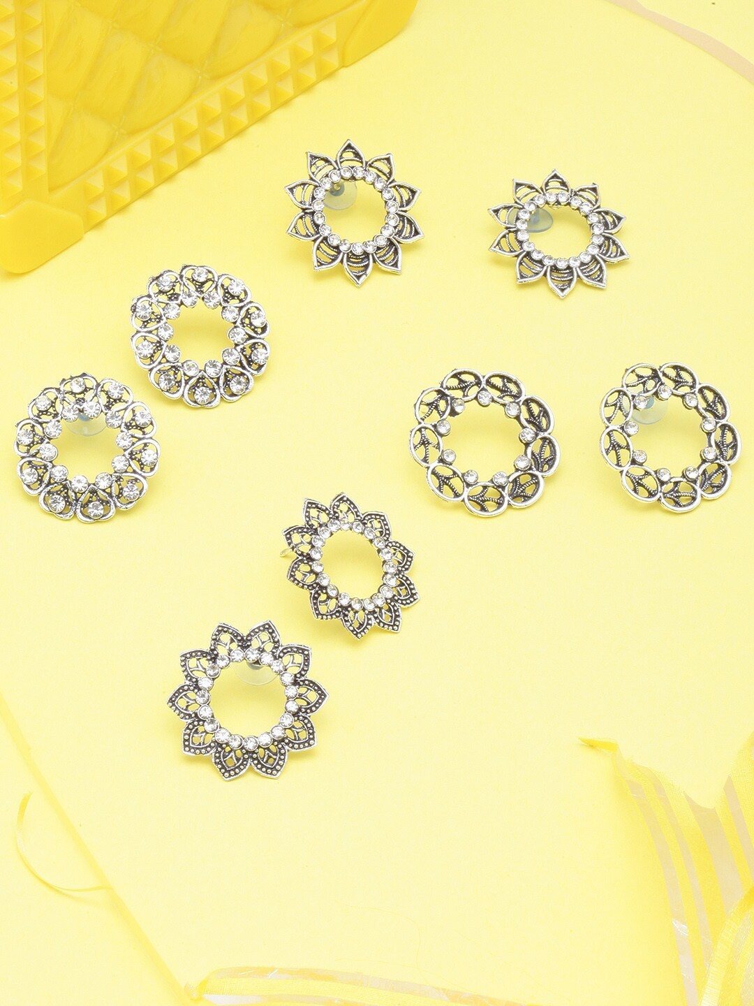 

Anouk Set Of 4 Silver-Plated Stone Studded Circular Studs Earrings, White