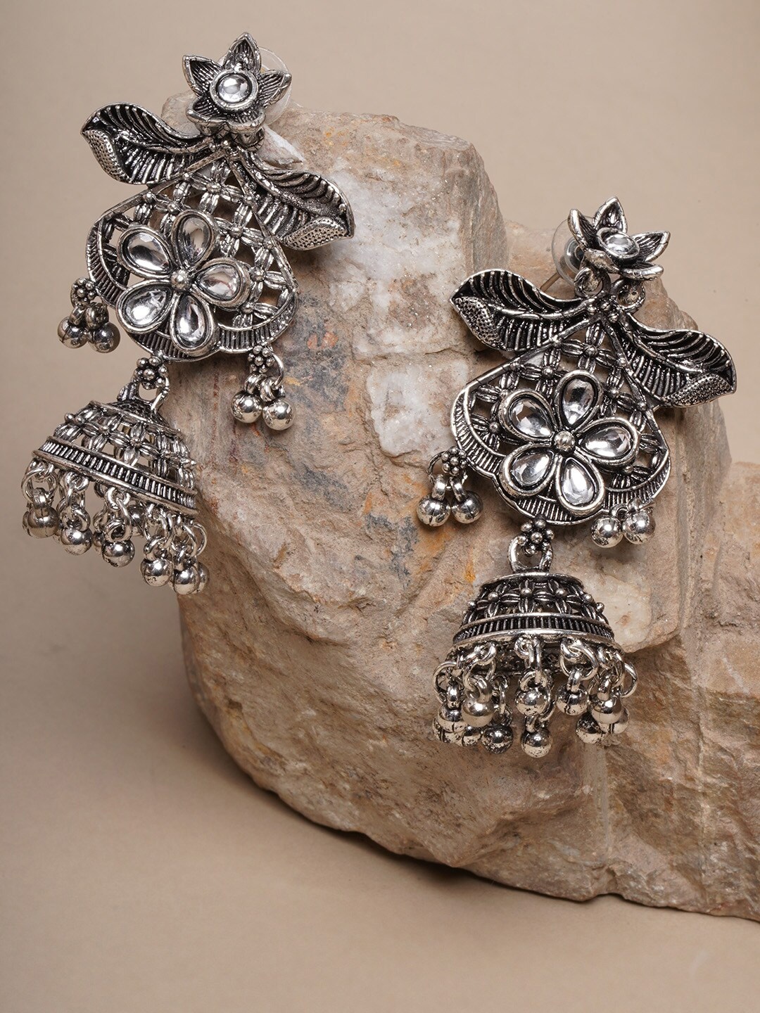 

Anouk Silver-Plated Oxidised Kundan Contemporary Jhumkas Earrings, White