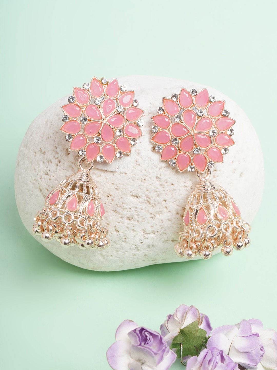 

Anouk Rose Gold-Plated Kundan Contemporary Jhumkas Earrings, Pink
