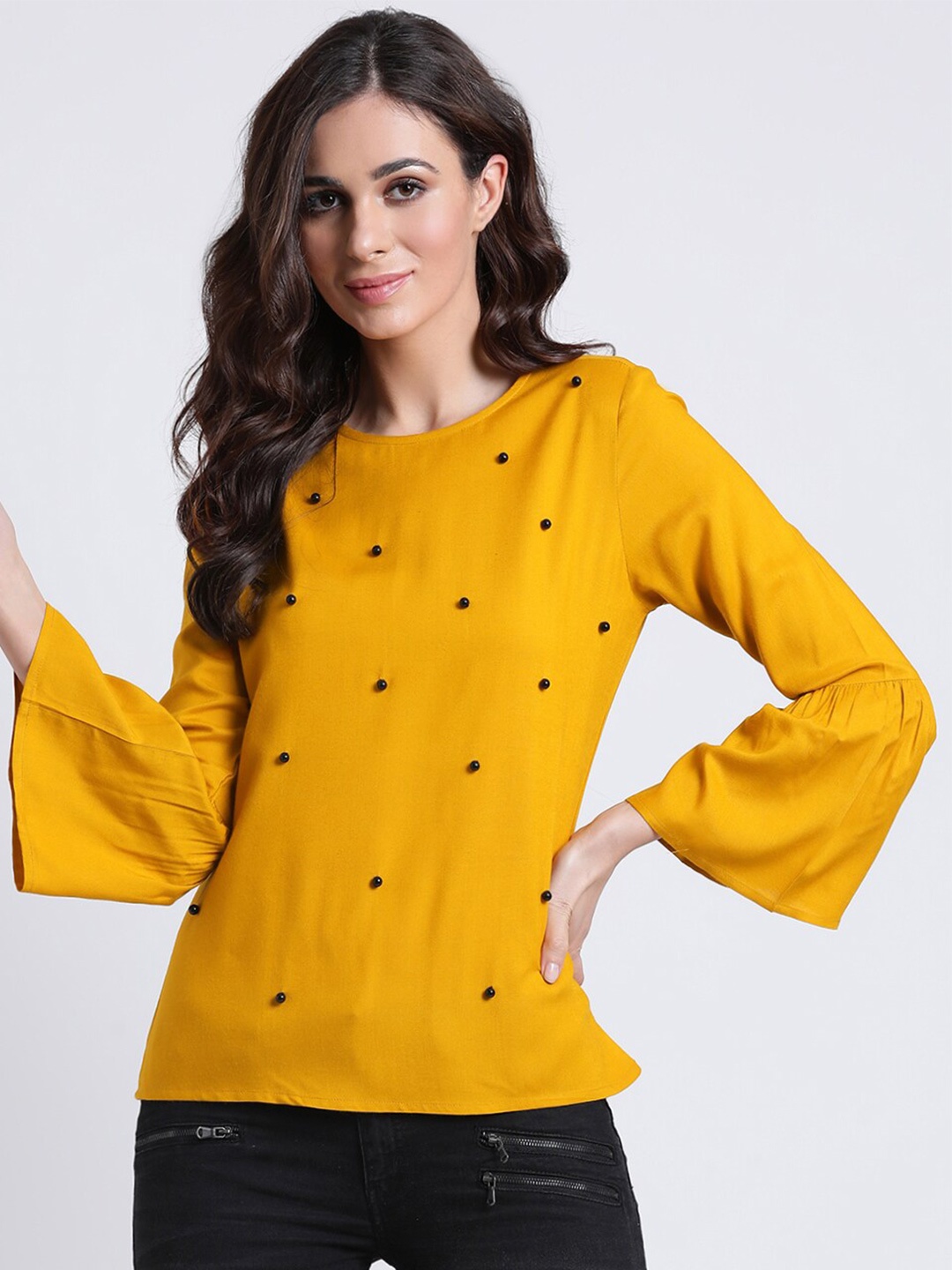 

Aayna Pearl Studded Bell Sleeve Crepe Cotton Top, Mustard
