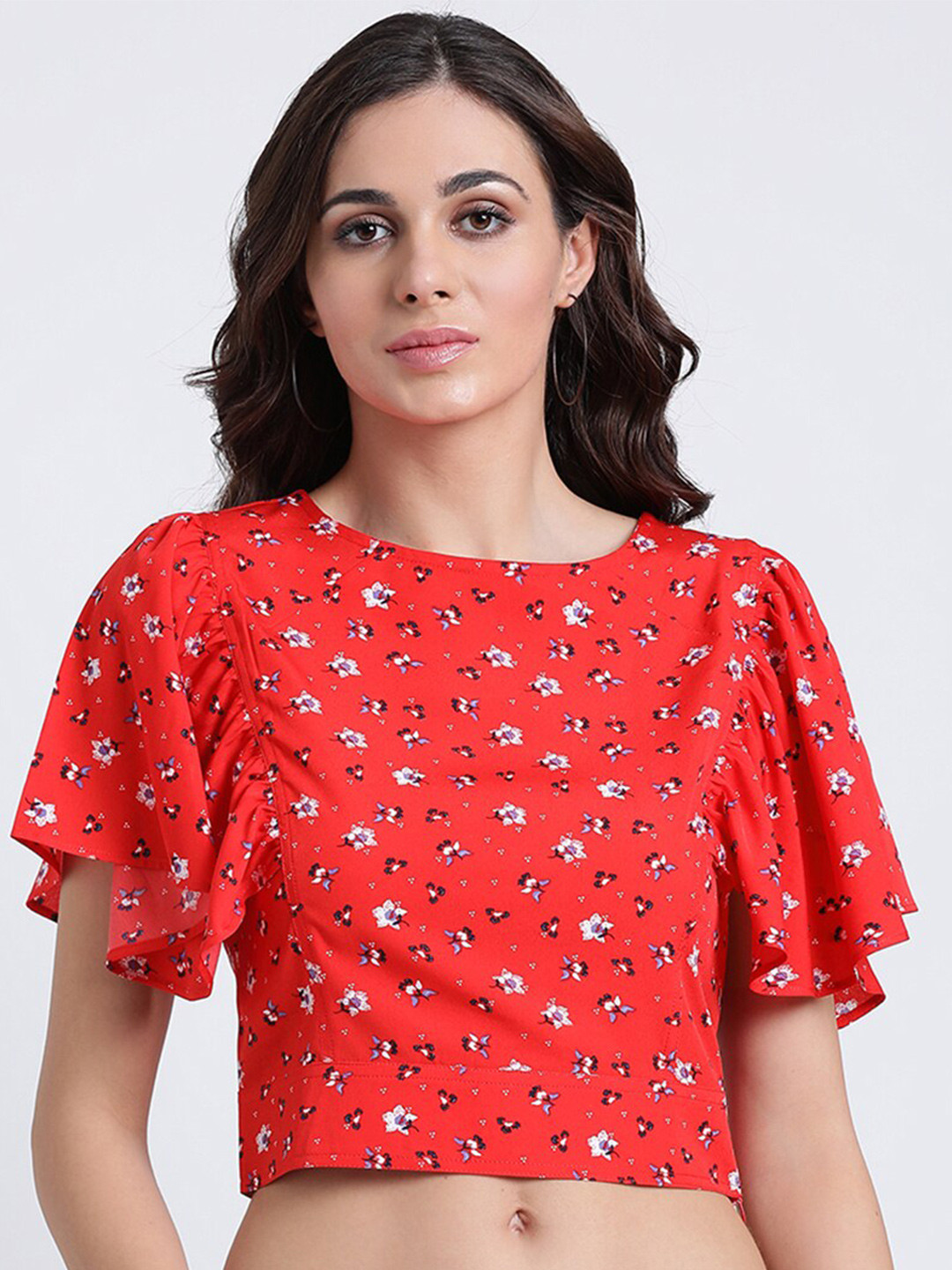 

Aayna Floral Print Crepe Crop Top, Red