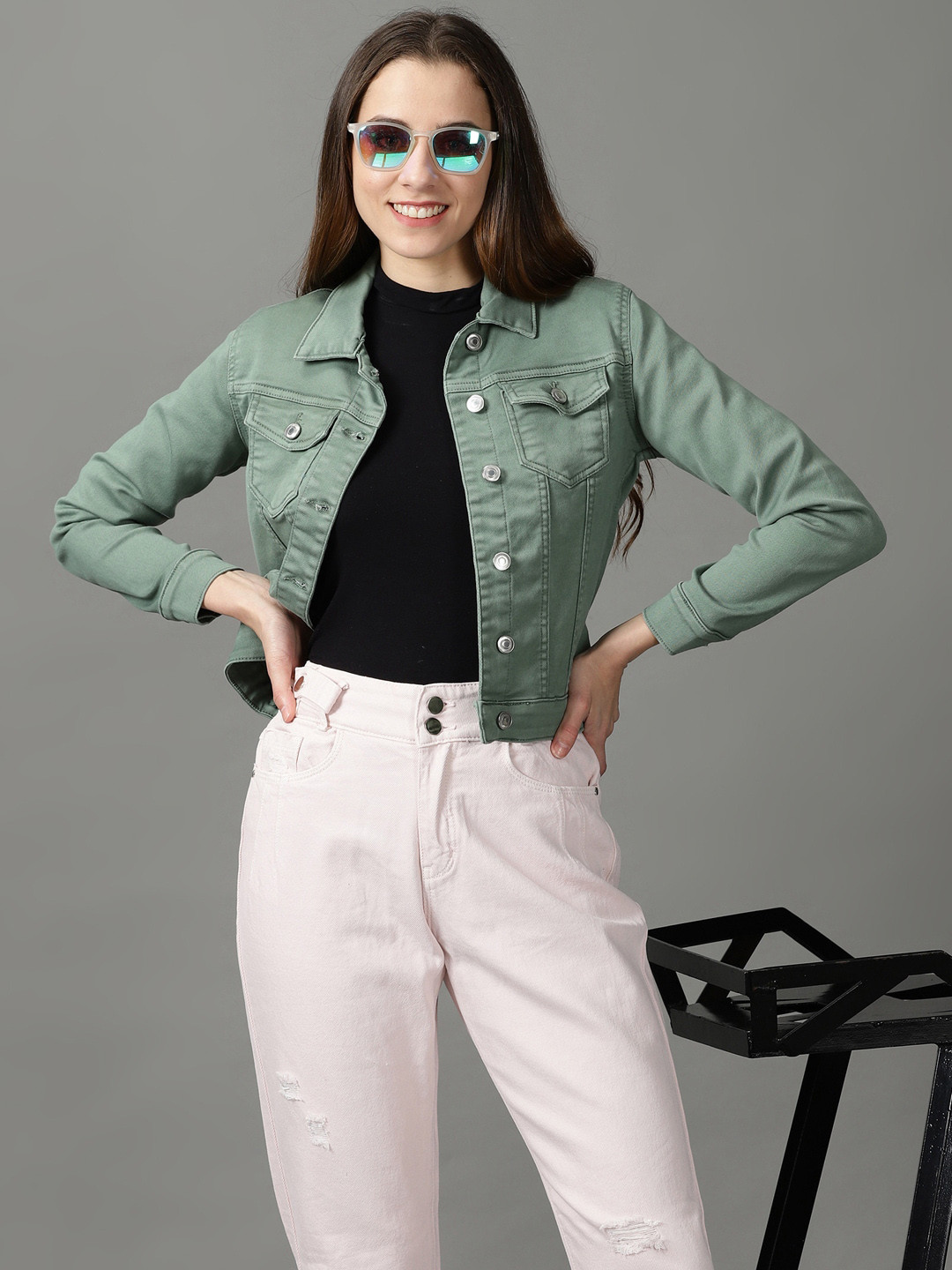 

SHOWOFF Women Washed Denim Jacket, Sea green
