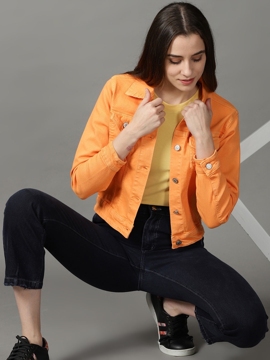 

SHOWOFF Women Spread Collar Long Sleeves Denim Jacket, Orange