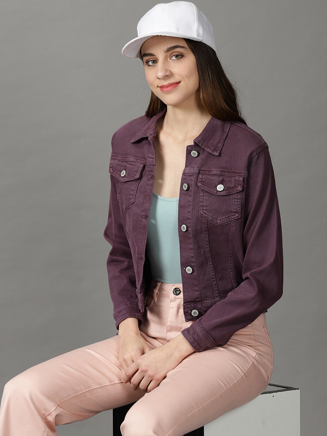 

SHOWOFF Women Spread Collar Cotton Denim Jacket, Purple