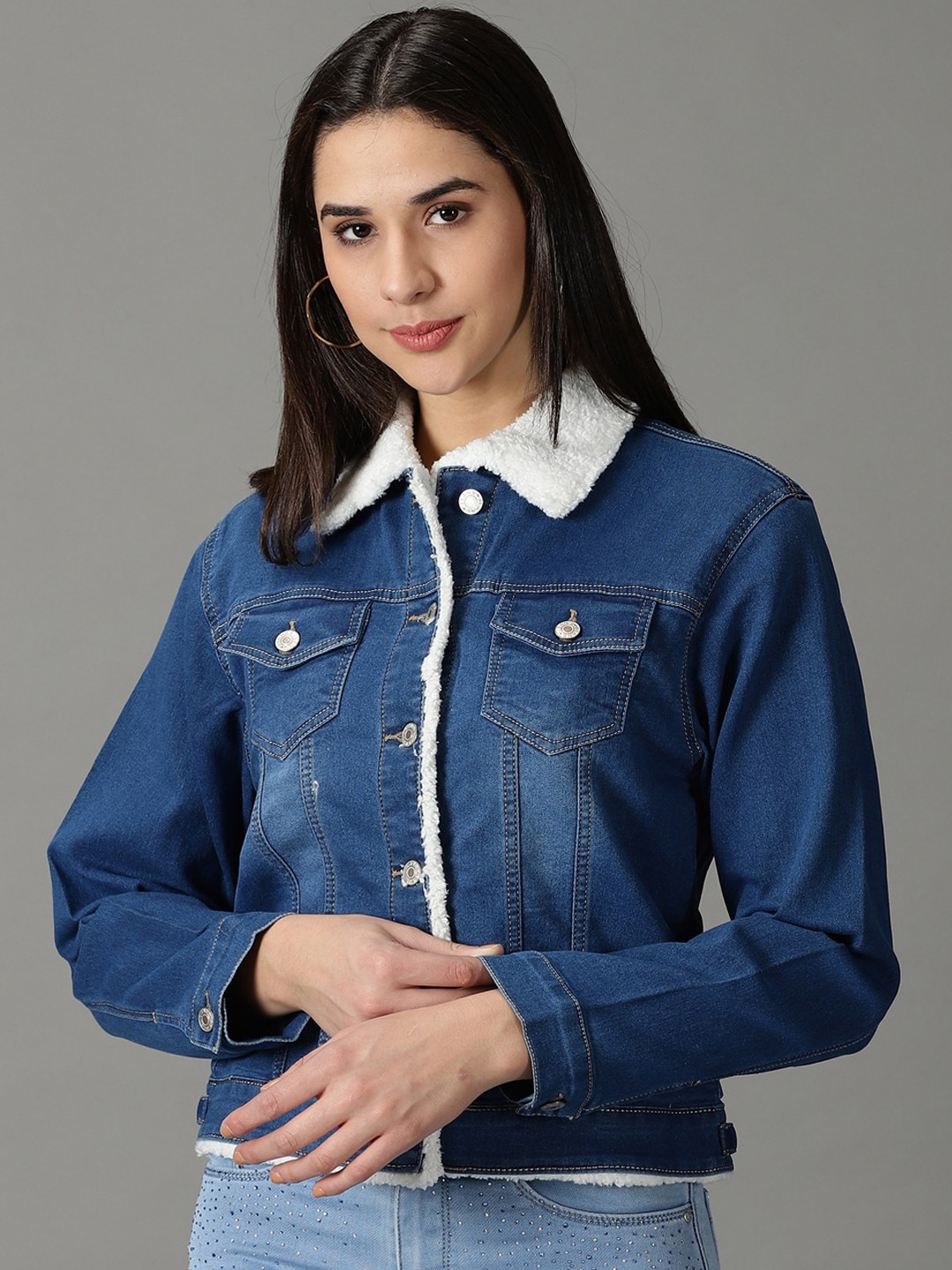 

SHOWOFF Women Spread Collar Cotton Denim Jacket, Navy blue