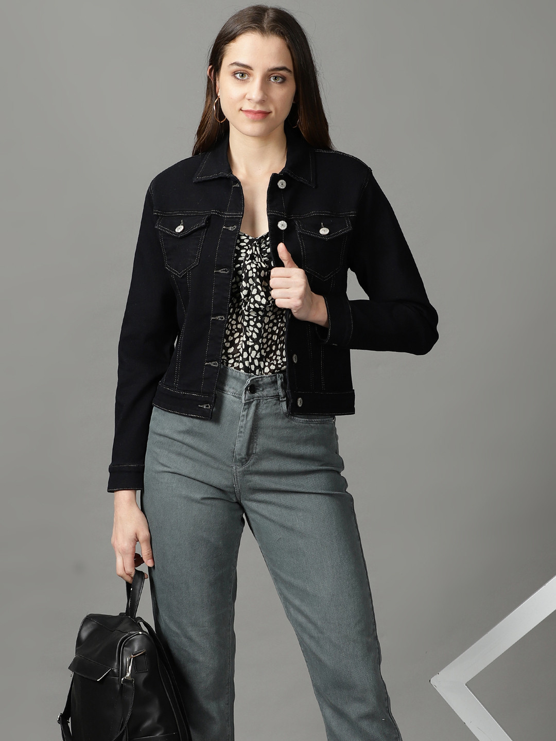 

SHOWOFF Women Spread Collar Cotton Denim Jacket, Black